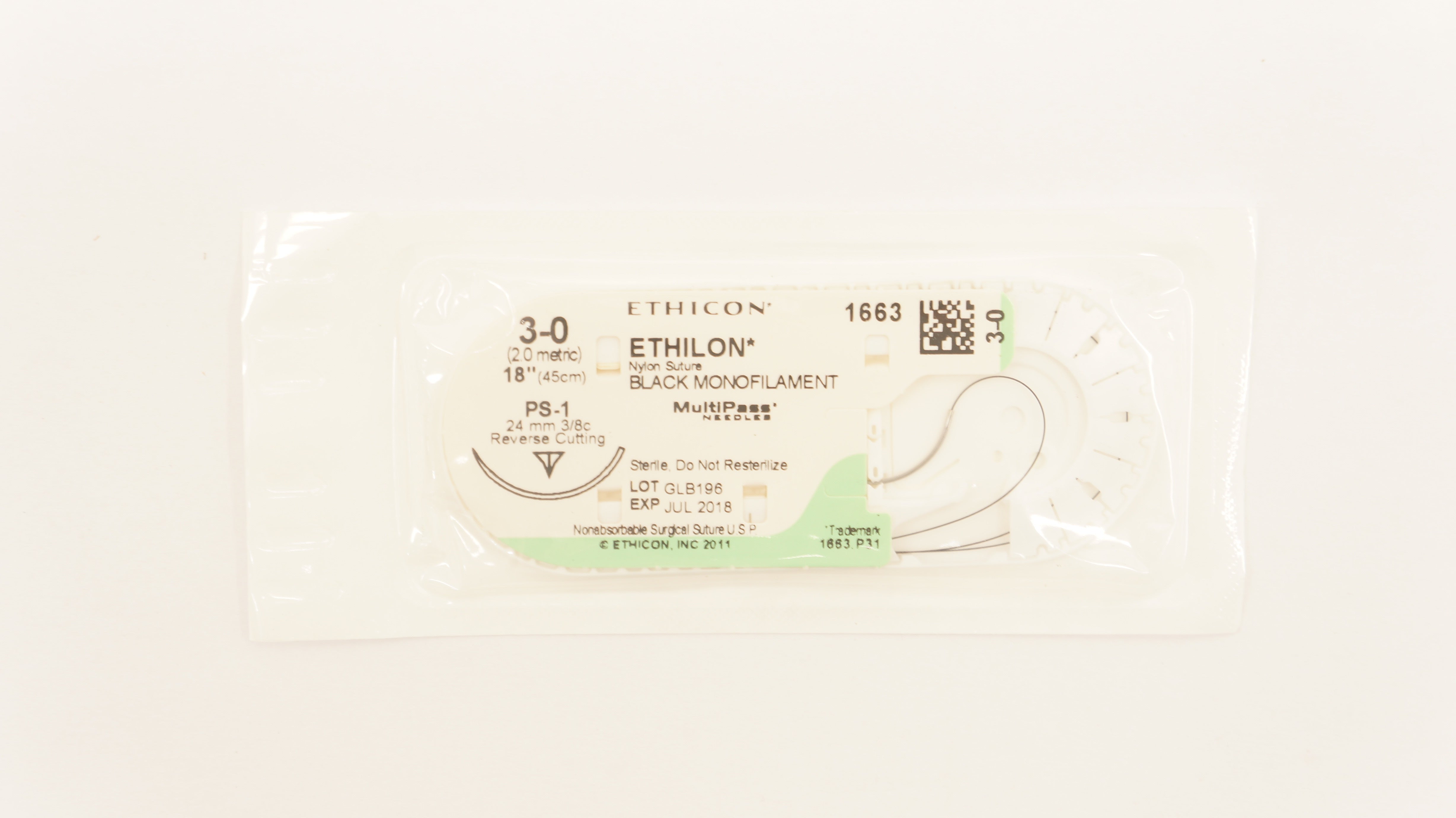 Ethicon 1663 3-0 Ethilon Nylon Stre PS-1, 24mm 3/8c Reverse Cutting, 18inch (x)