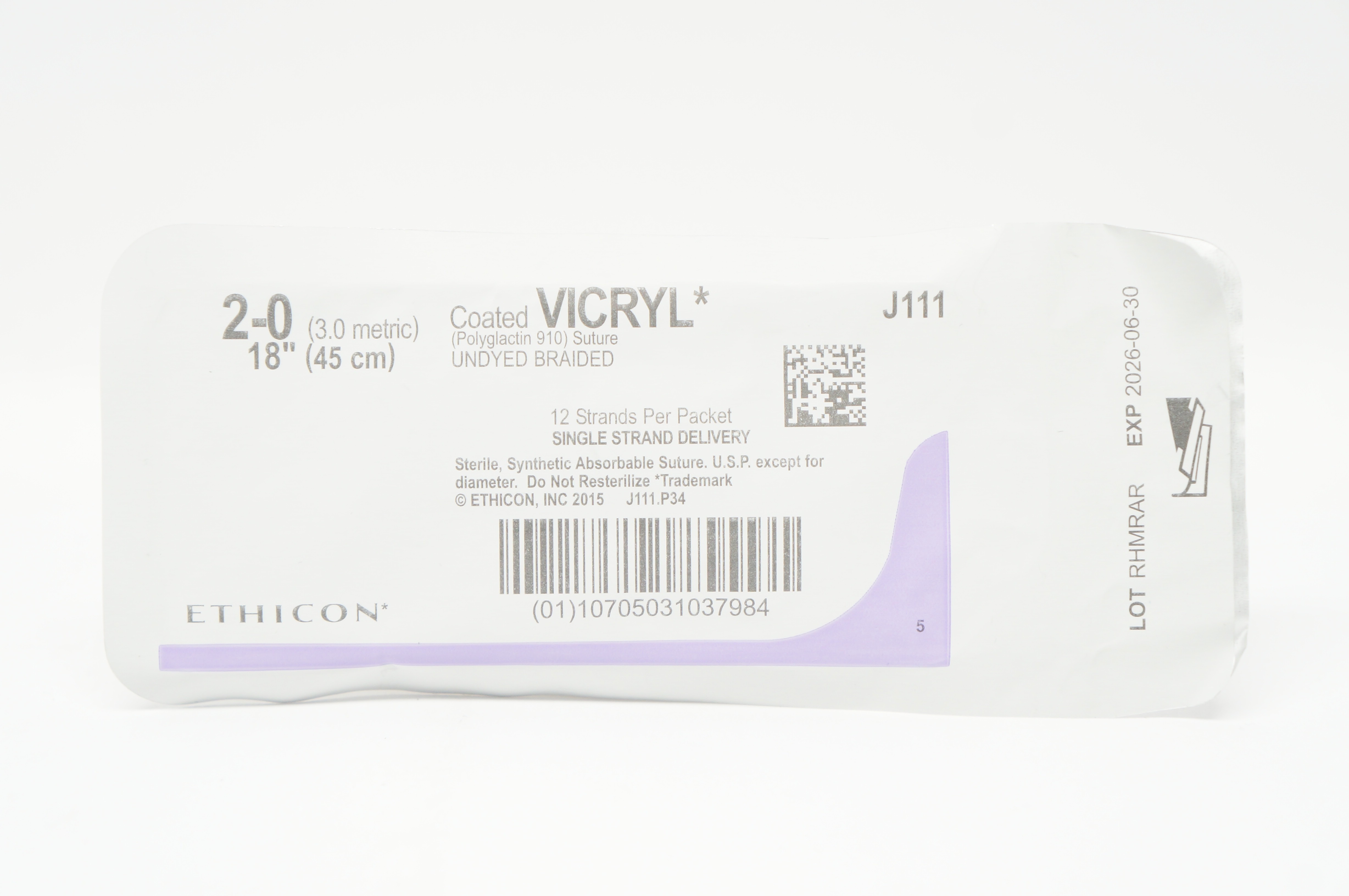 Ethicon J111 2-0 Coated VICRYL, Undyed Braided, 18inch