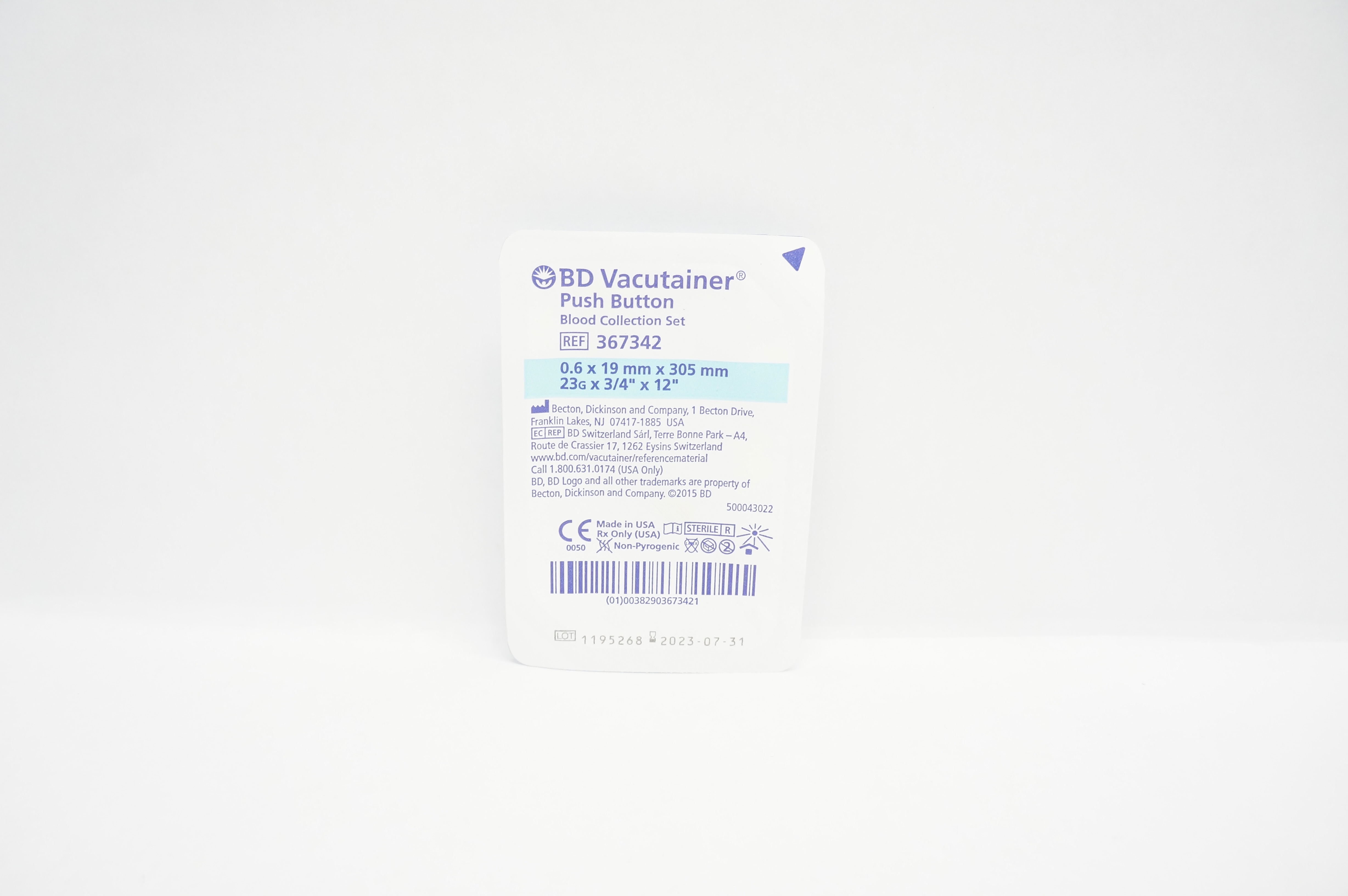BD 367342 Push Button Blood Collection Set 23G x 3/4inch x 12inch