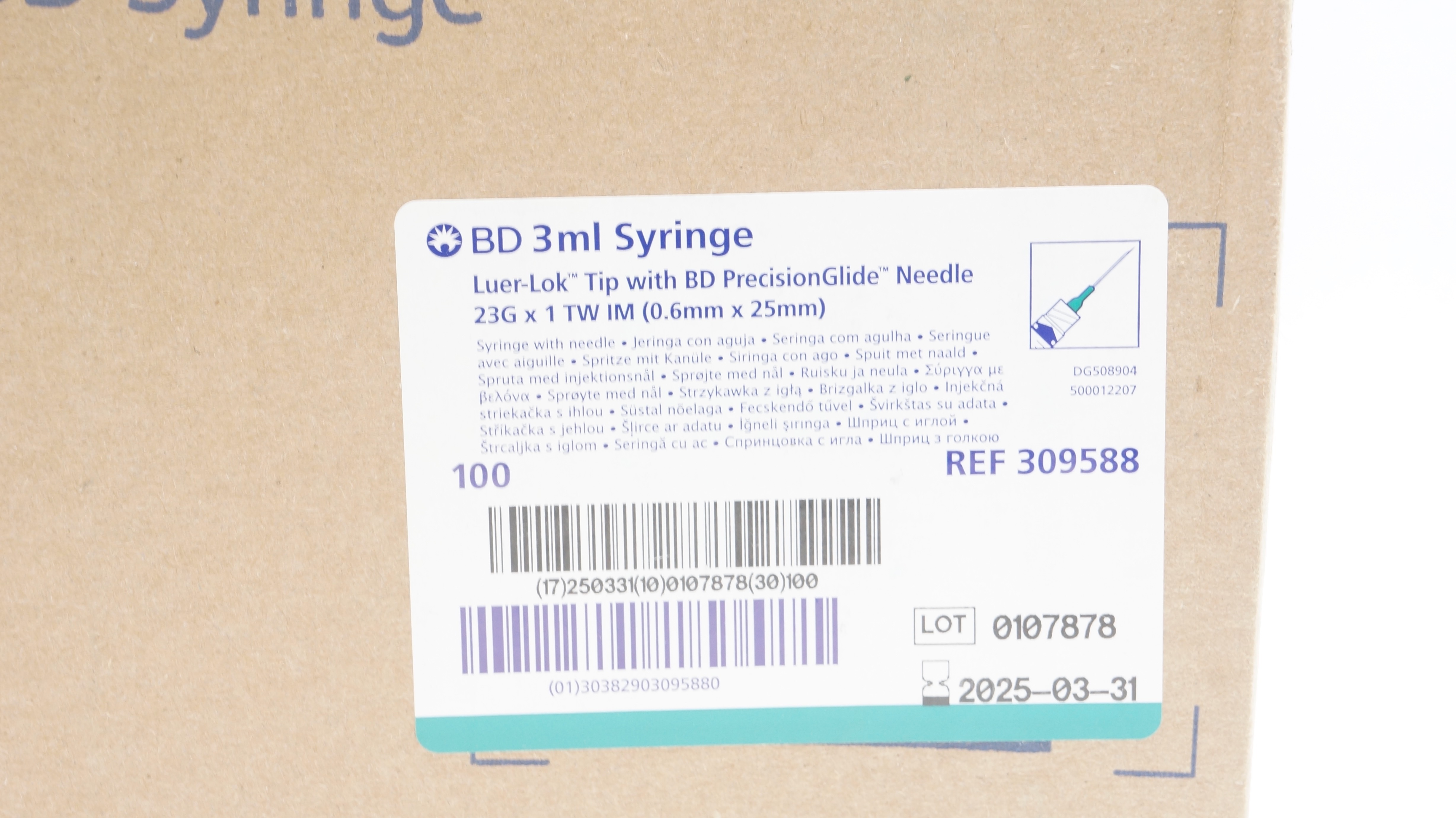 BD 309588 3ml Syringe Luer-Lok Tip, PrecisionGlide Ndle 23G x 1 TW - Box of 100