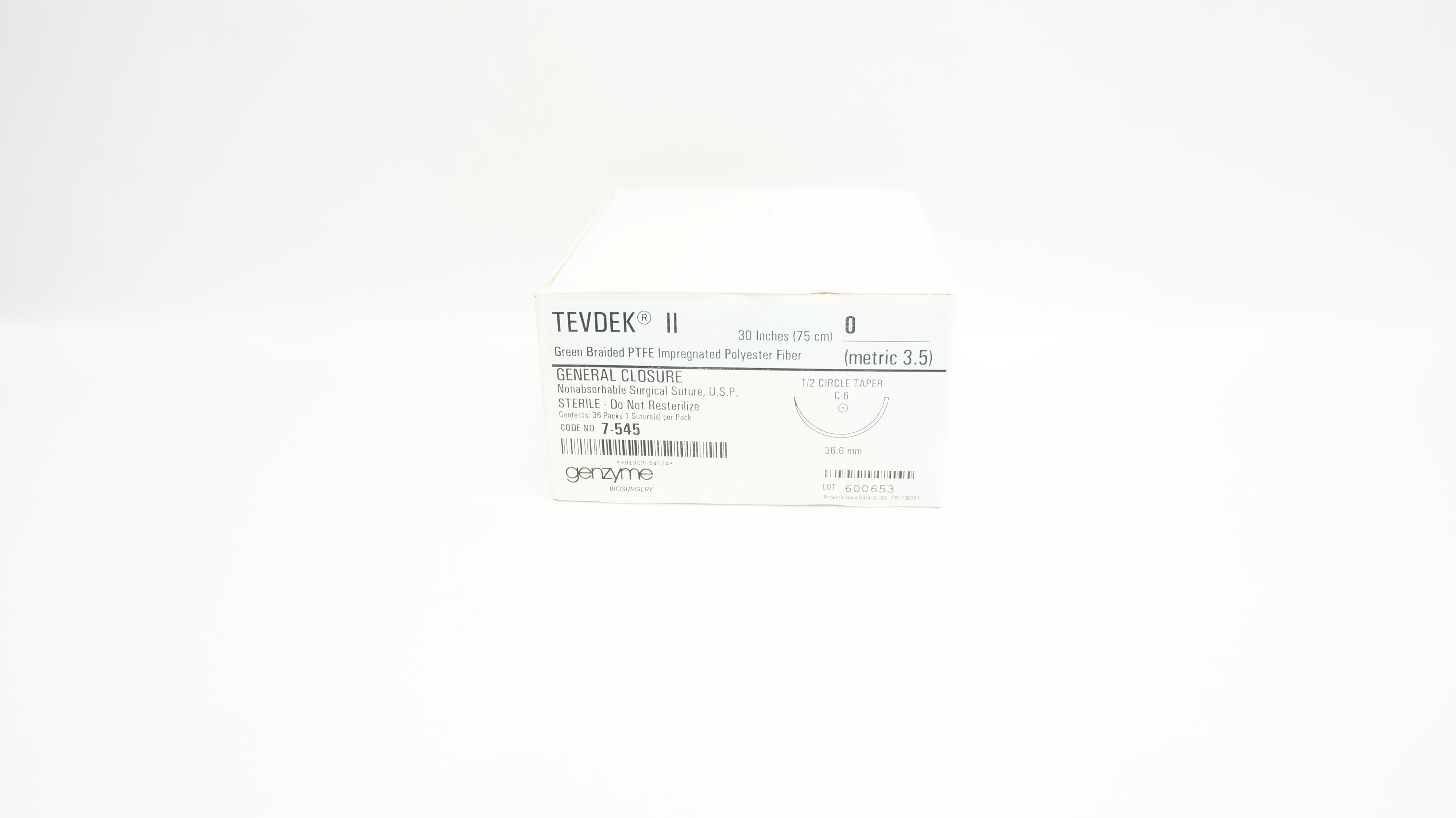 Genzyme 7-545 TEVDEK II, 0 Green Braided PTFE Stre.30in. C-6 36.6mm - Box of 36