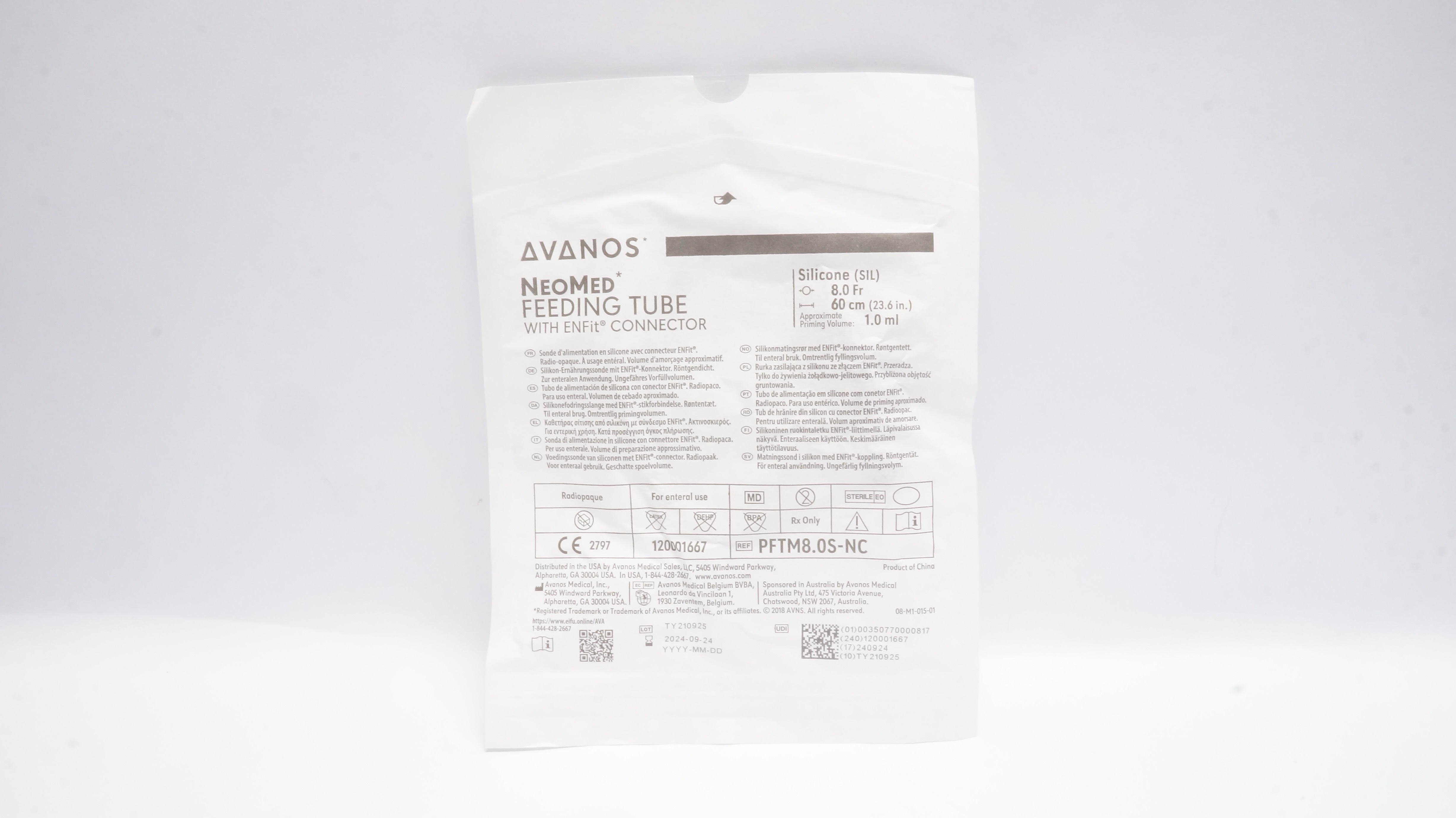 Avanos PFTM8.0S-NC NeoMed Feeding Tube W/ENFit Connector 8.0Frx 60cmx1.0mL(x)