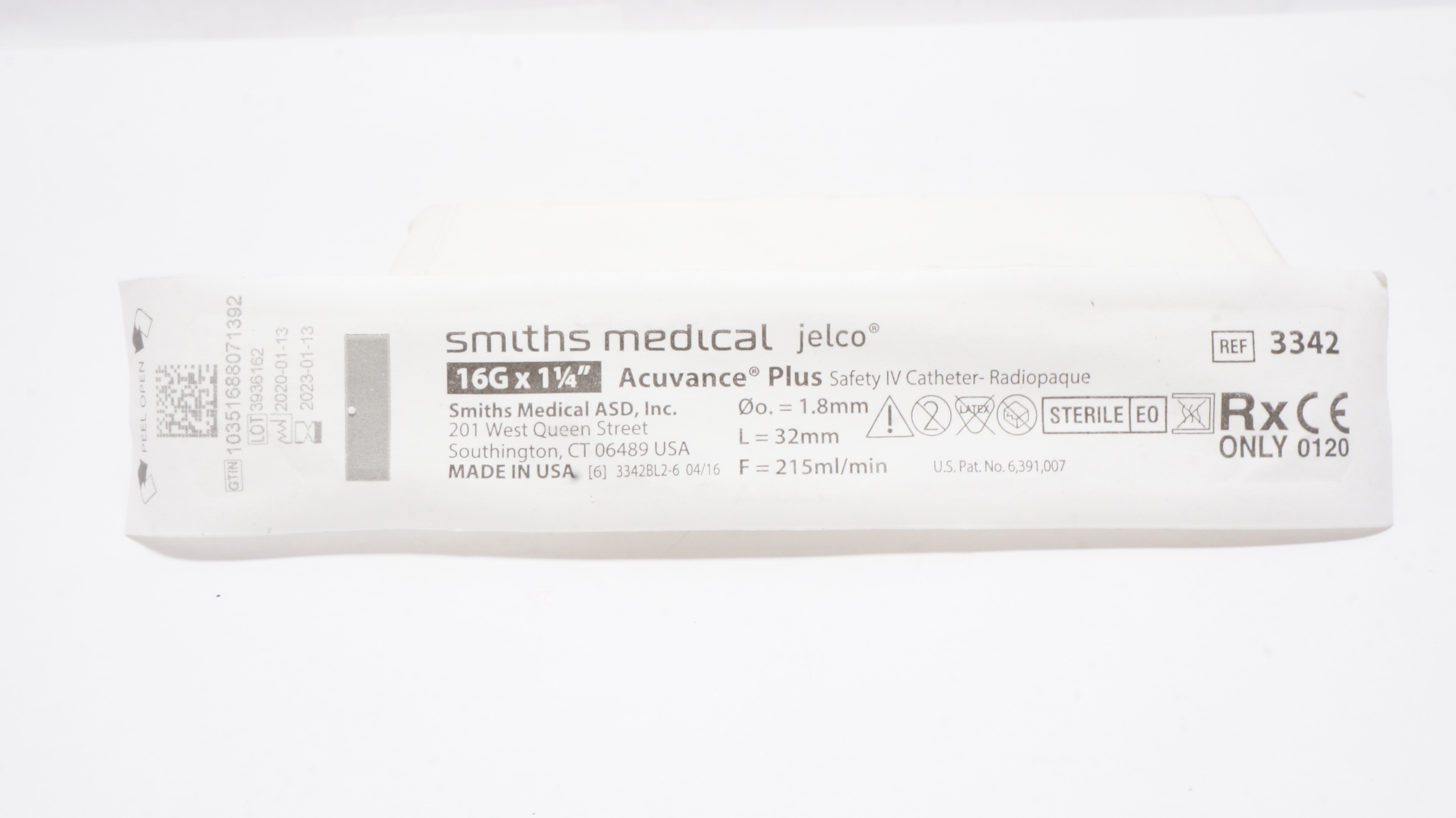 Smiths Medical 3342 Jelco Safety IV CatheterRadiopaque 16G x 1 1/4In (x)