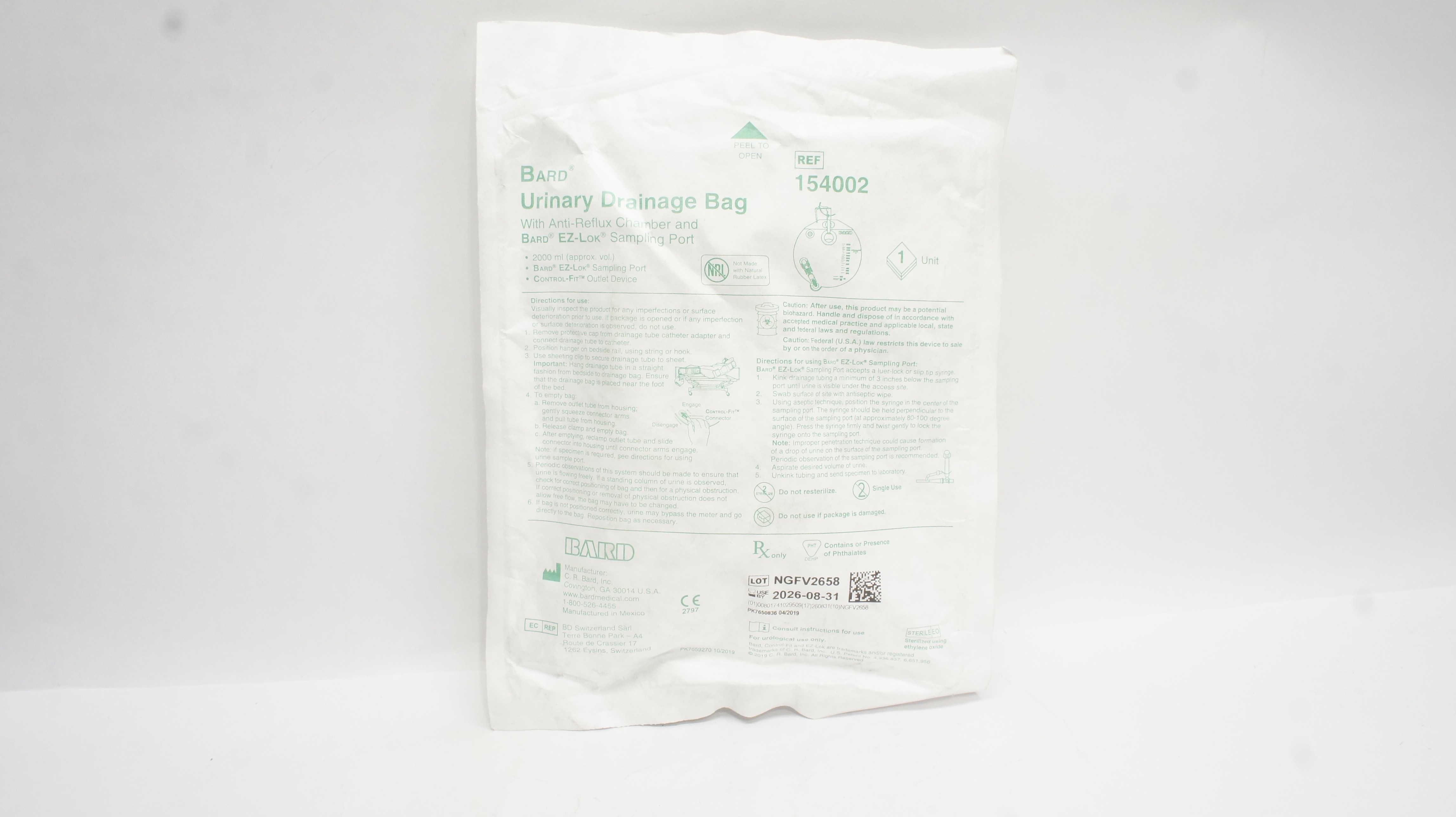 Bard 154002 Urinary Drainage Bag with Anti-Reflux Chamber & Sampling