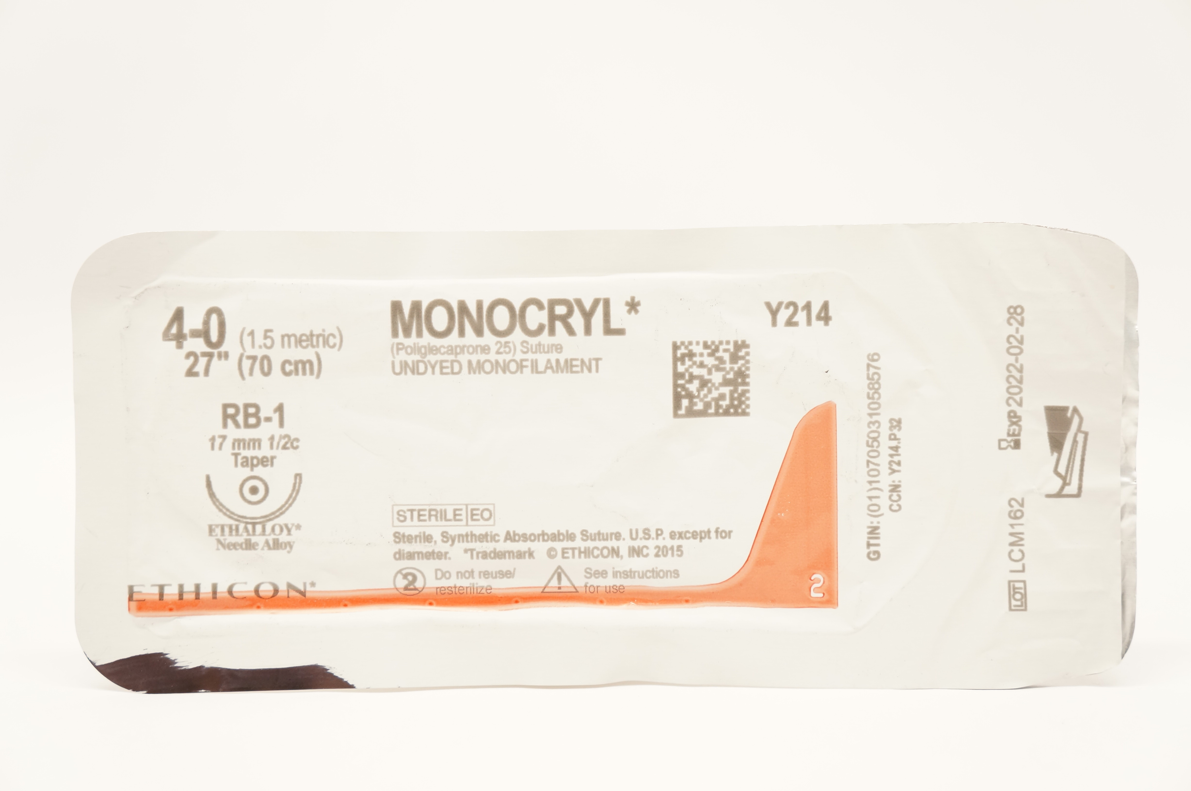 Ethicon Y214 4-0 MONOCRYL Stre RB-1 17mm 1/2c Taper, 27inch (x)
