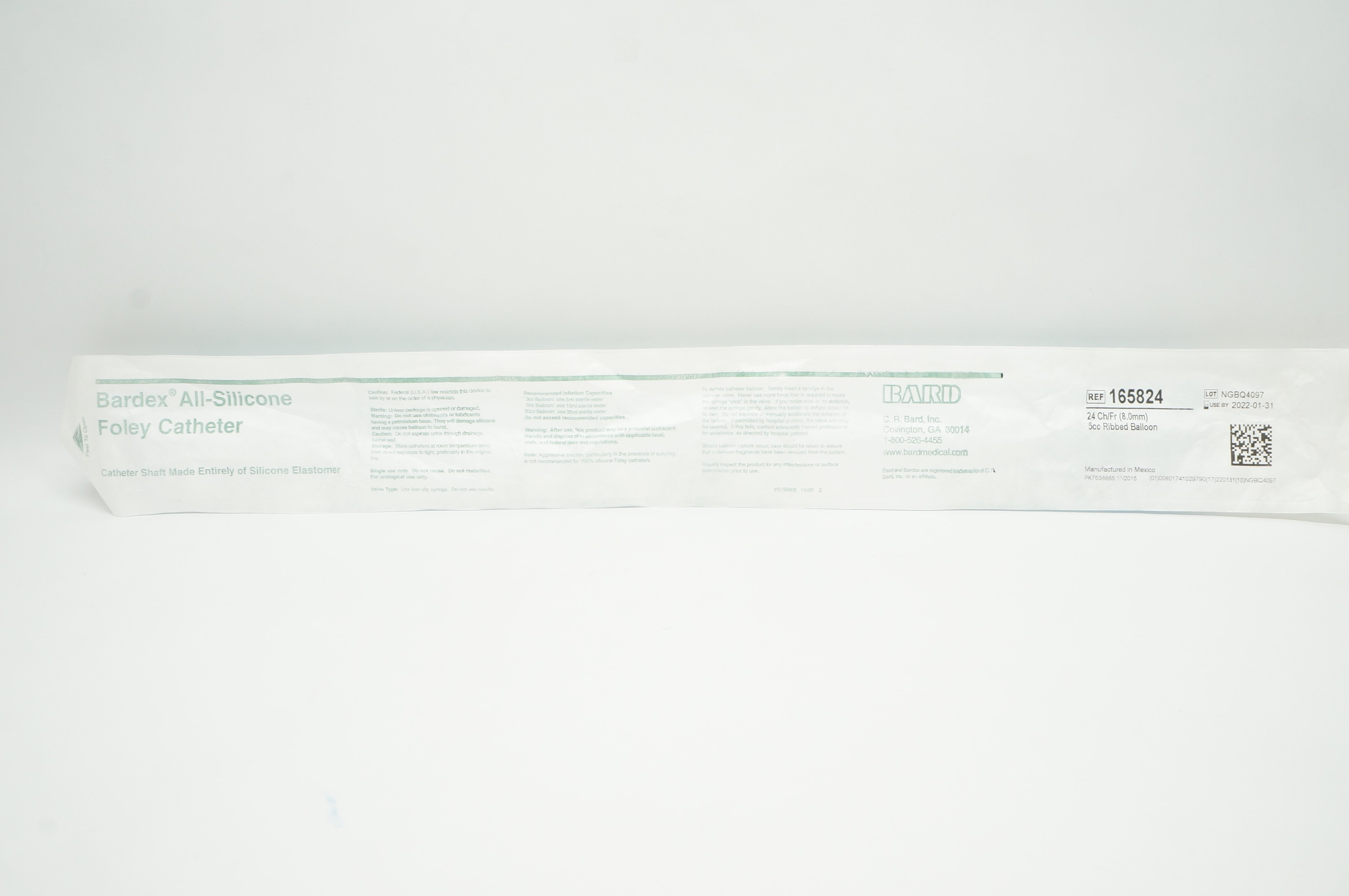 Bard 165824 Bardex All-Silicone Foley Cath. 24 Fr. 5cc Ribbed Balloon