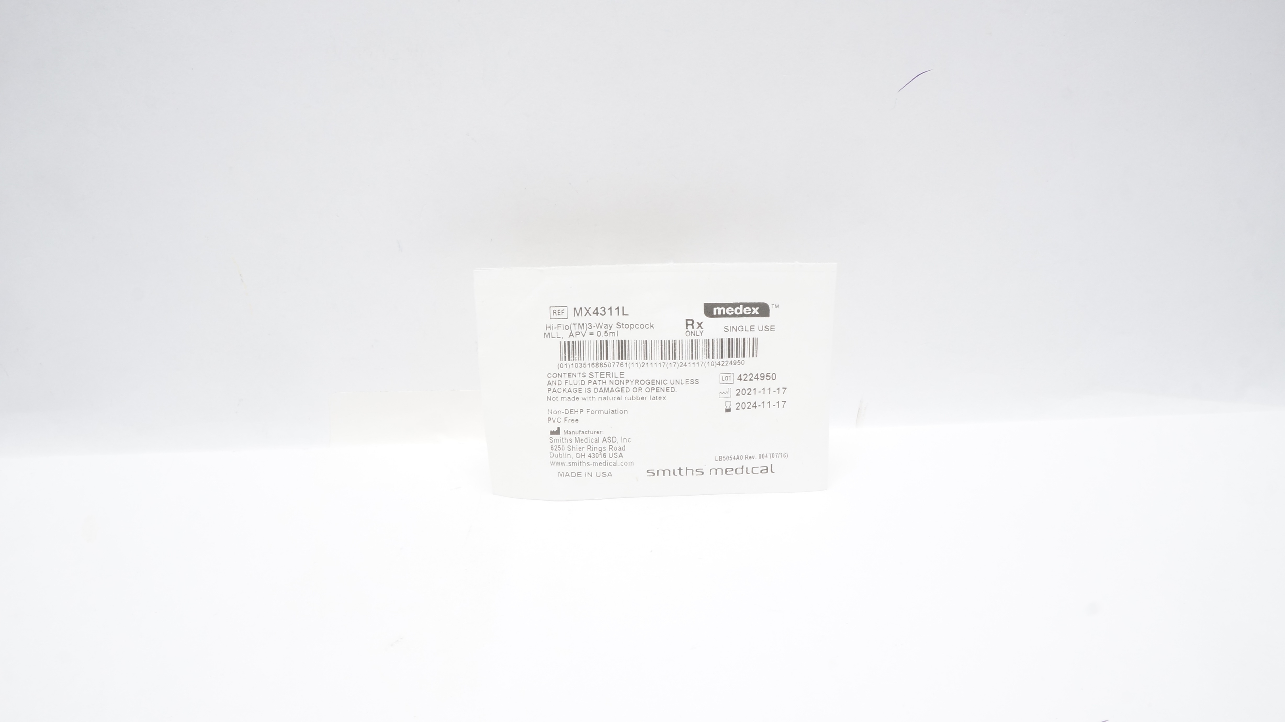 Smiths Medical MX4311L Hi-Flo 3 Way Stopcock MLL, APV 0.5ml Sterile