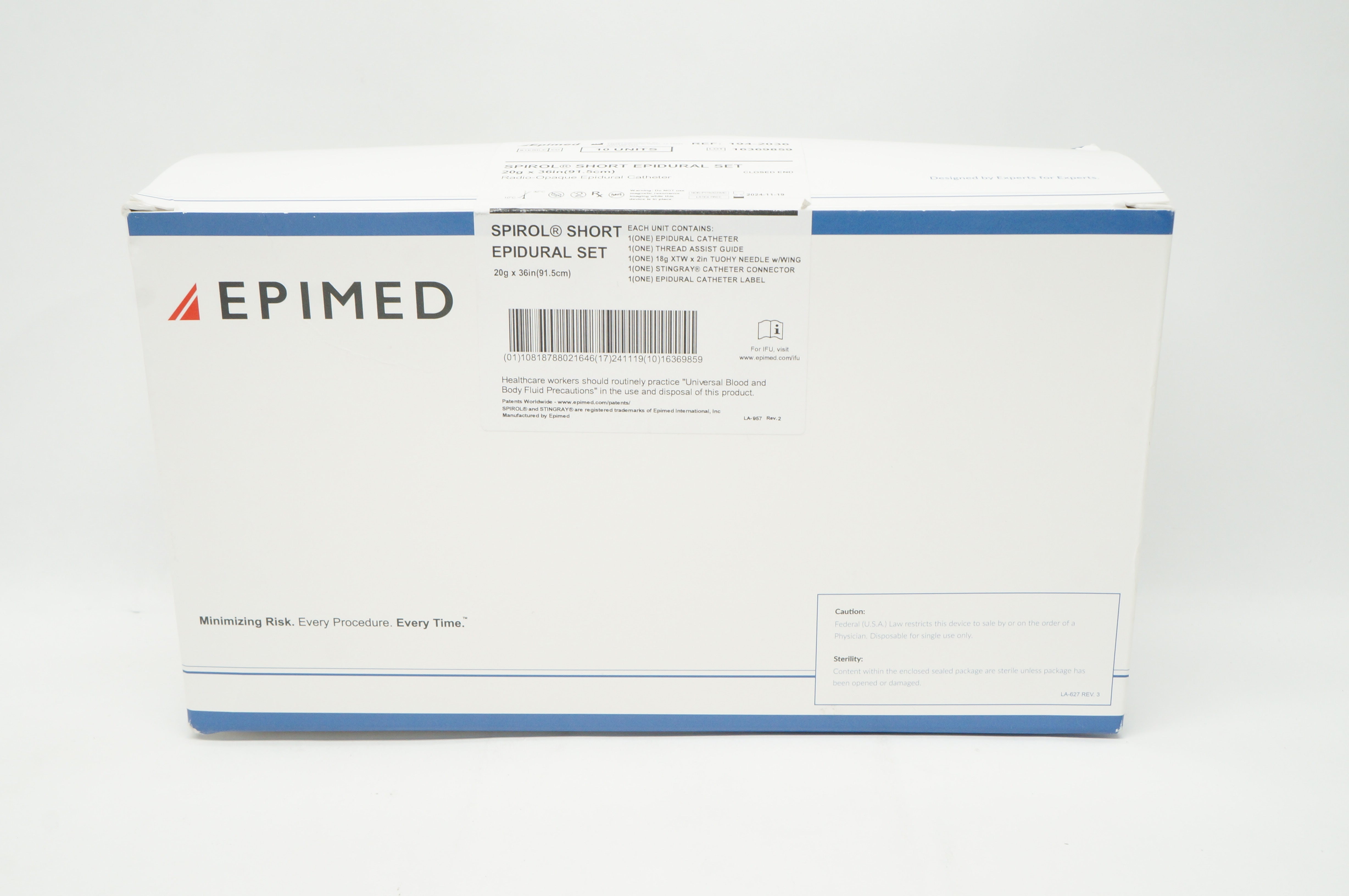 Epimed 1942036 Spirol Short Epidural Set 20G x 36inch Box of 10