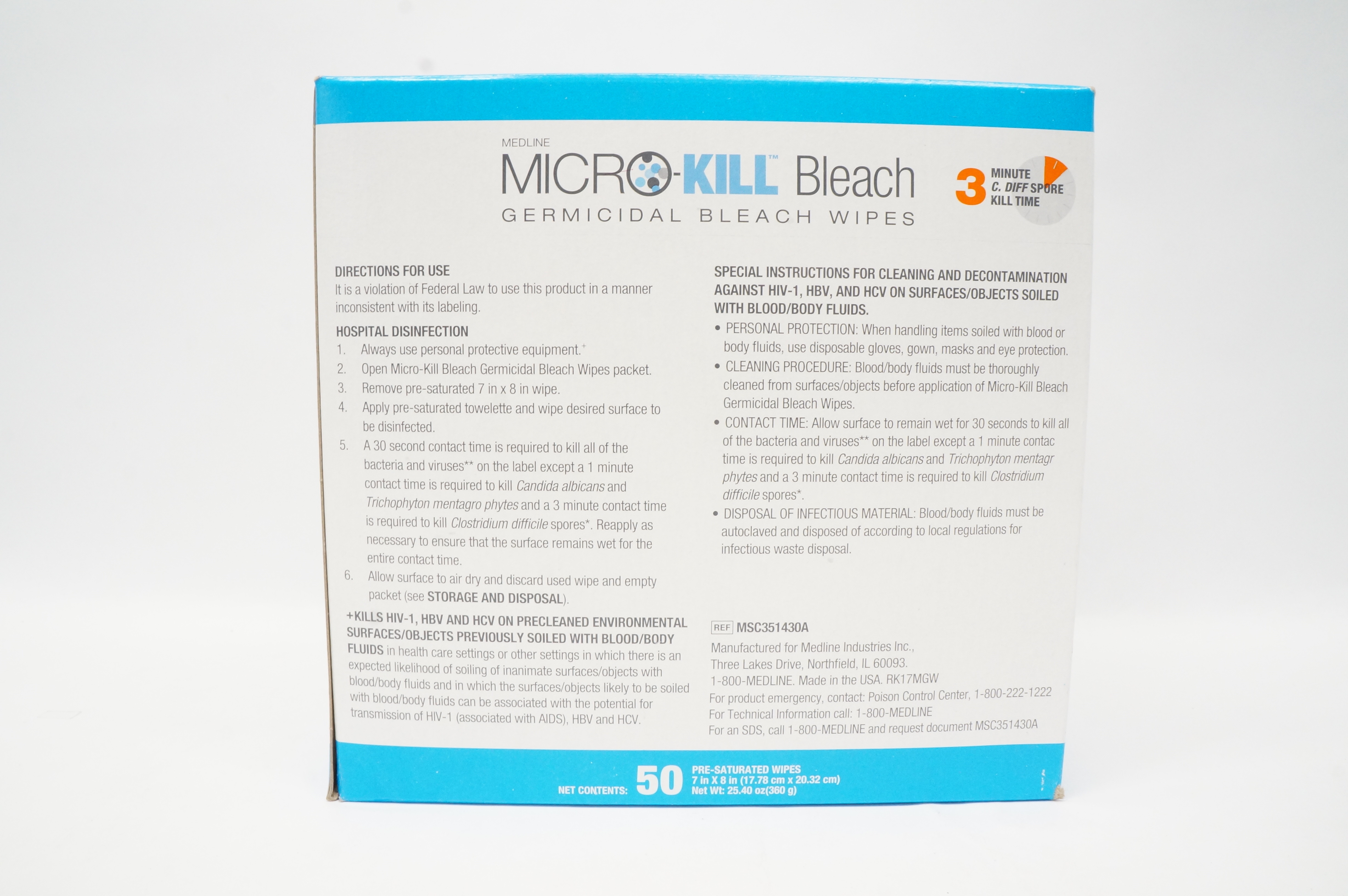 Medline MSC351430A MicroKill Bleach Germicidal Bleach Wipes 7 x8in