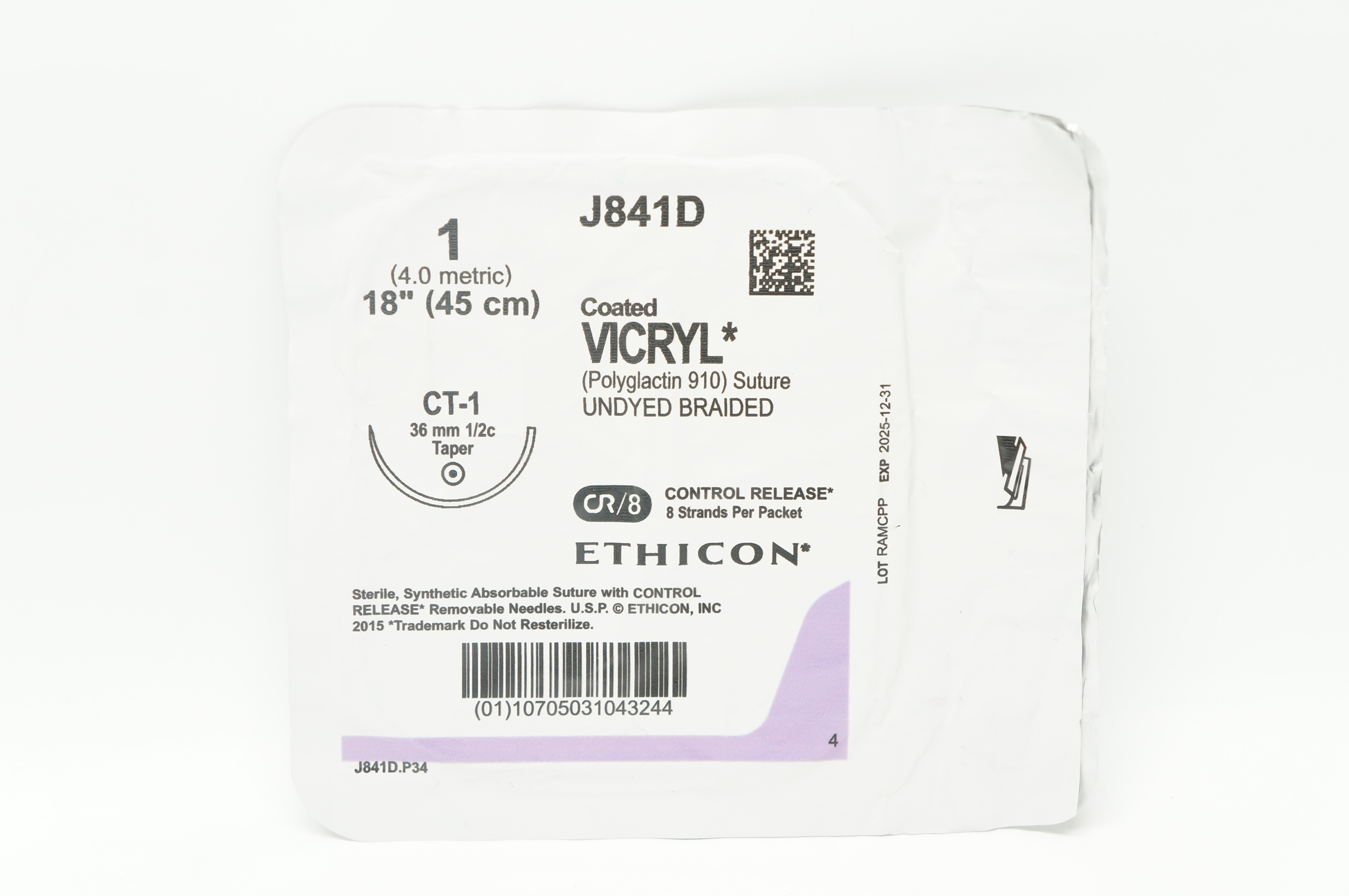 Ethicon J841D 1 Coated VICRYL Polyglactin Stre CT-1 36mm 1/2c Taper, 18inch