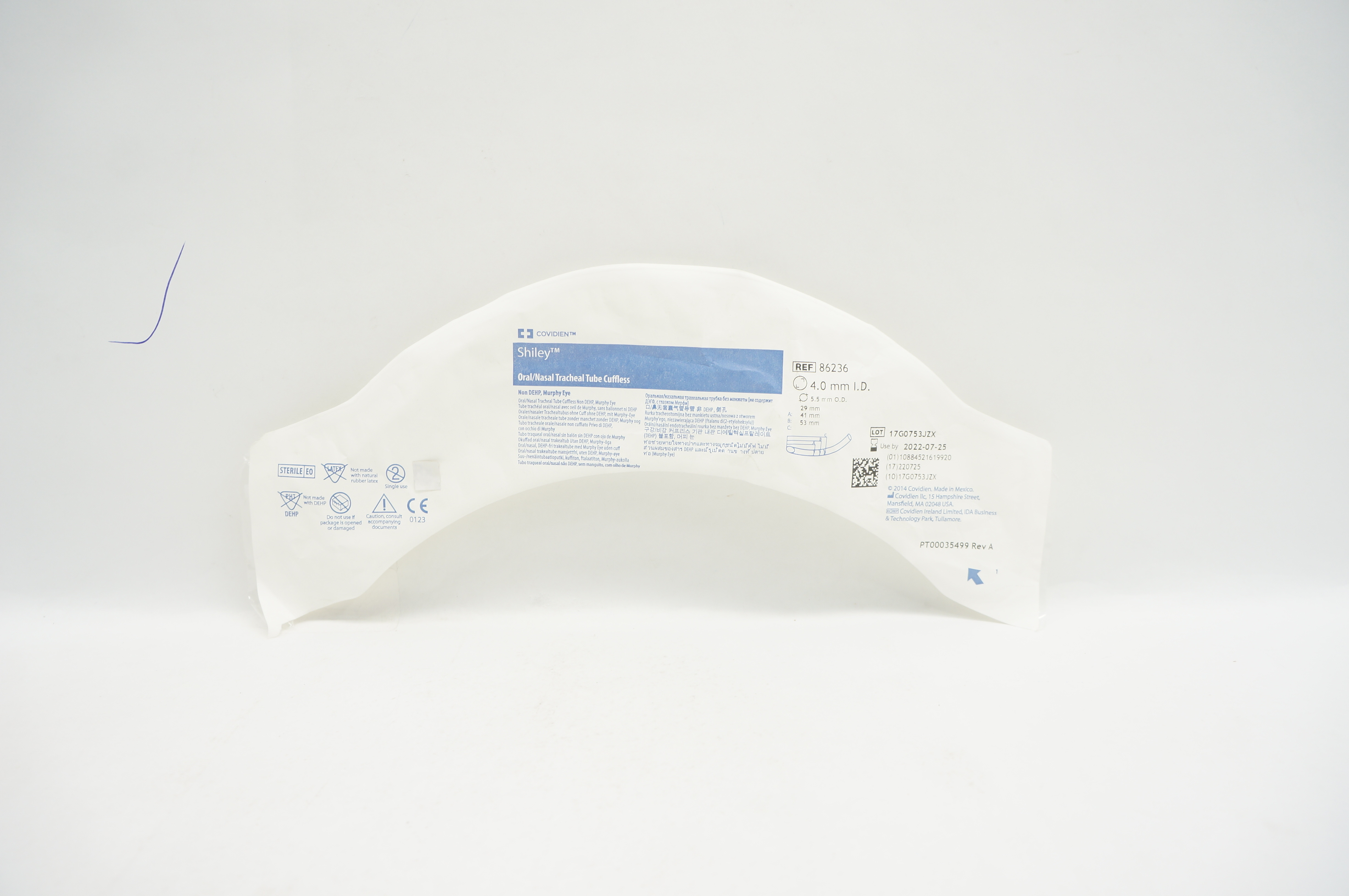 Covidien 86236 Shiley Oral/Nasal Tracheal Tube Cuffless 4.0m ID x 5.5mm OD