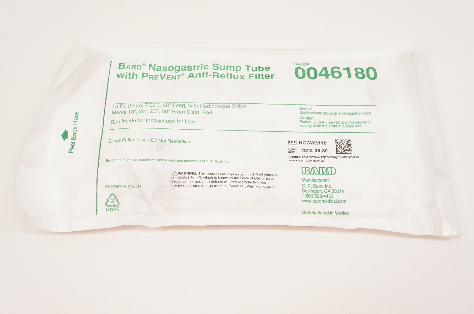 Bard 0046180 Nasogastric Sump Tube W/PreVent Anti-Reflux Filter 18Fr x 48inch(x)