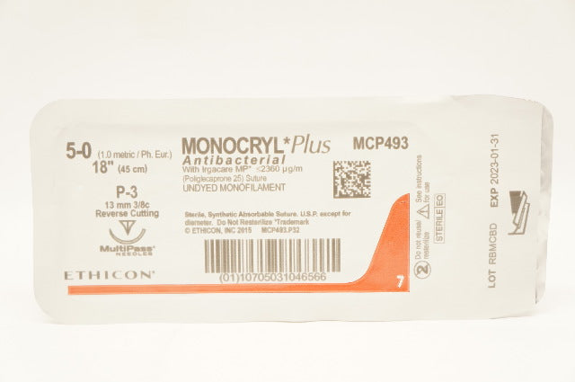 Ethicon MCP493 5-0 MONOCRYL Plus Stre P-3 13mm 3/8c Reverse Cutting 18inch