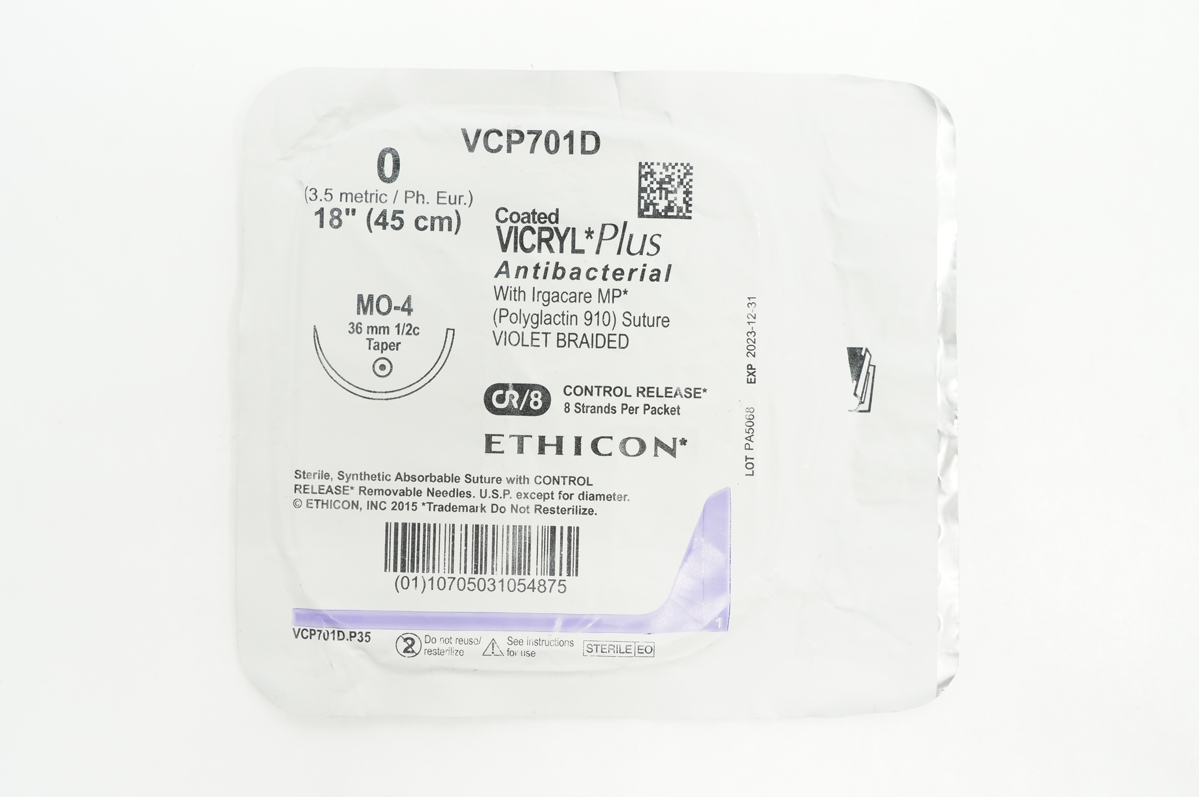 Ethicon VCP701D 0 VICRYL Plus, MO-4, 36mm 1/2c Taper, 18inch