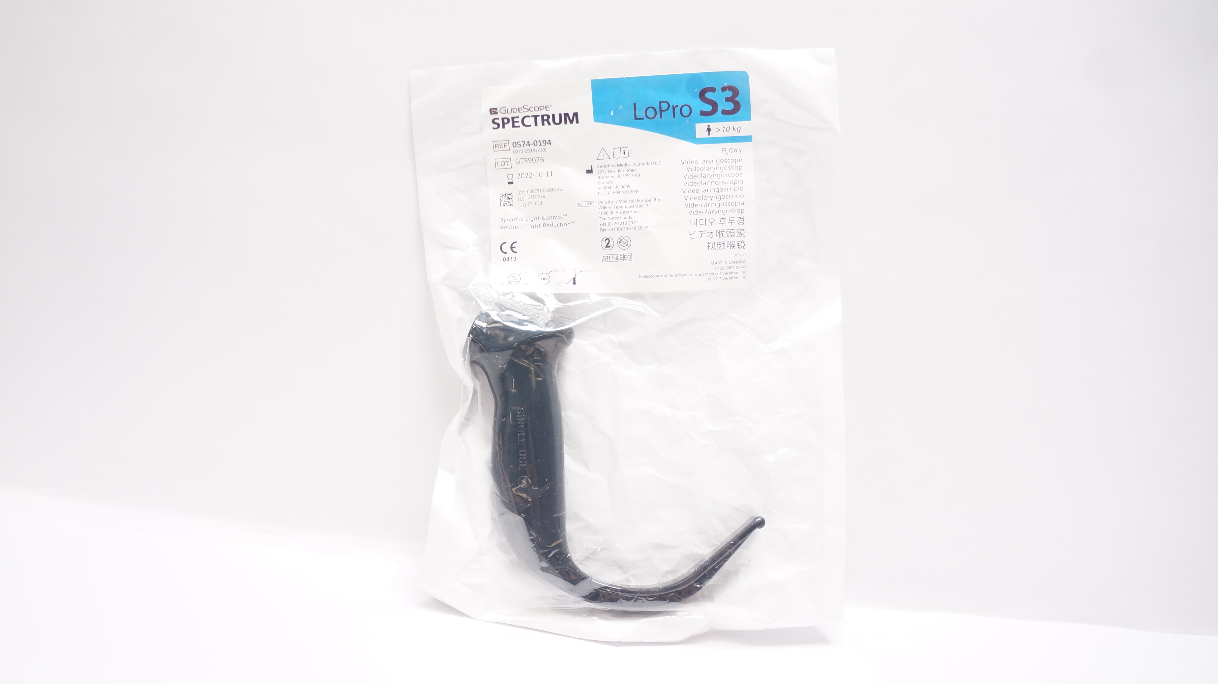 Verathon 0574-0194 GlideScope Spectrum Video Laryngoscope LoPro S3 >10 kg (x)