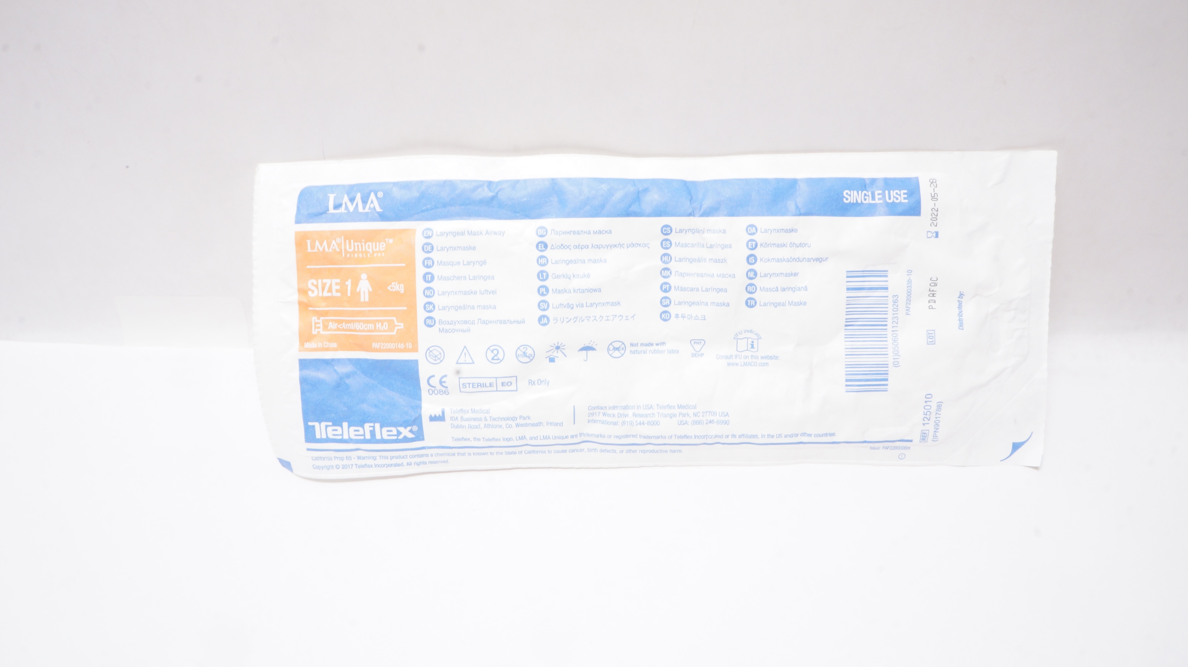 Teleflex 125010 LMA Unique Laryngeal Mask Airway Size1 <5kg Air<4ml/60cm H2O (x)