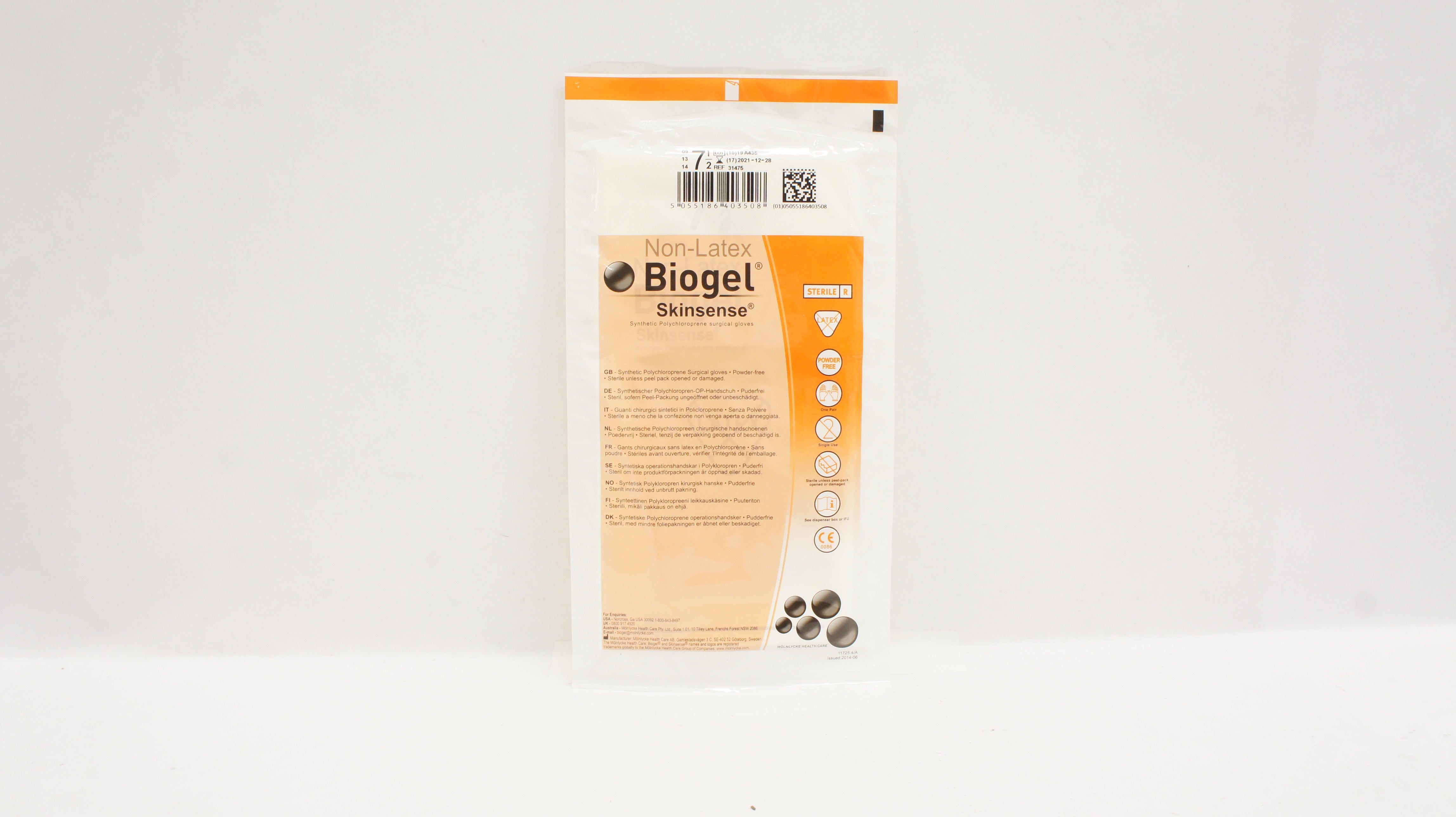 Molnlycke 31475 Biogel Skinsense Polychloroprene Surgical Gloves, Size