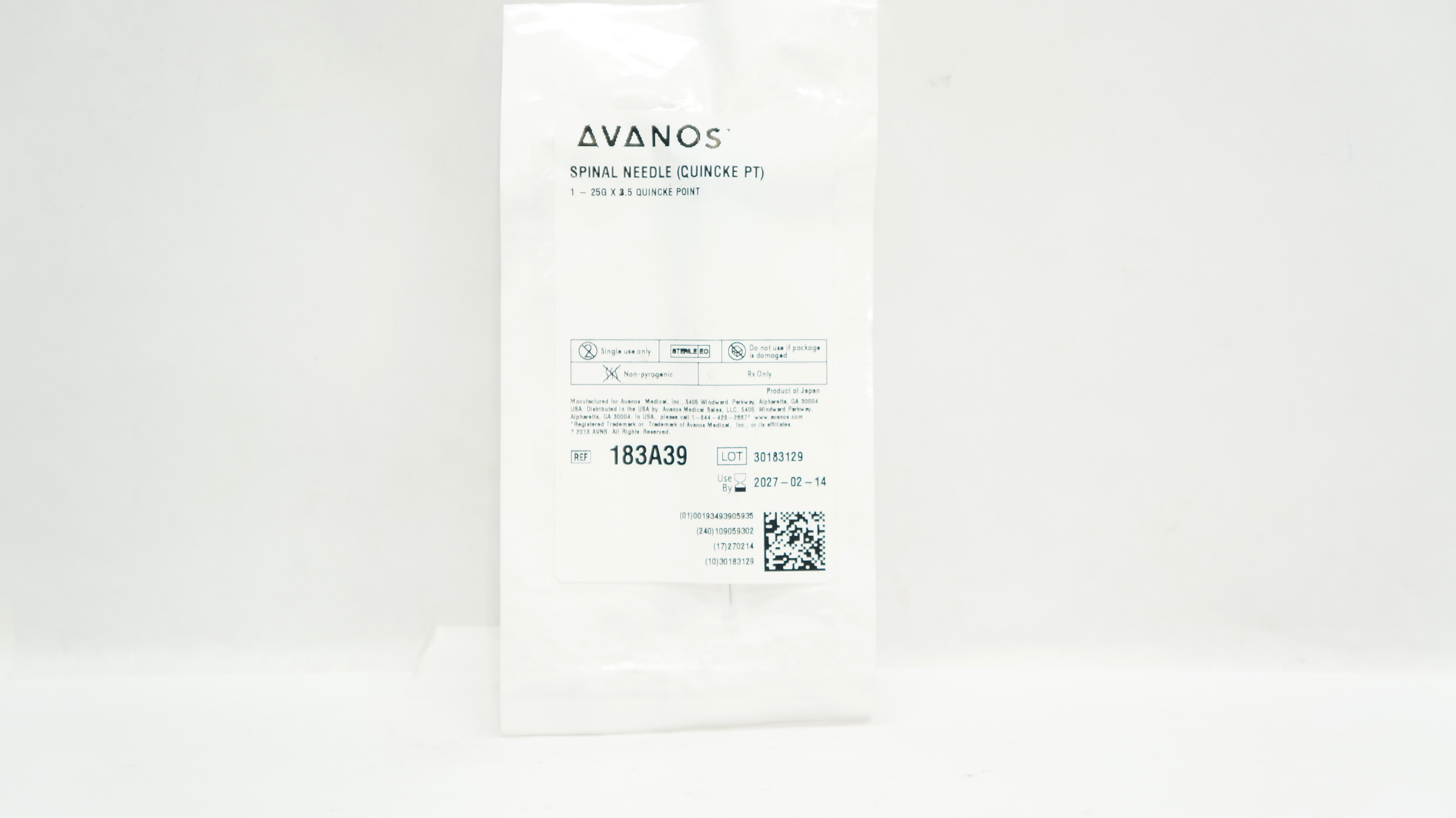 Avanos 183A39 Quincke Point Spinal Ndle 25G x 3.5inch