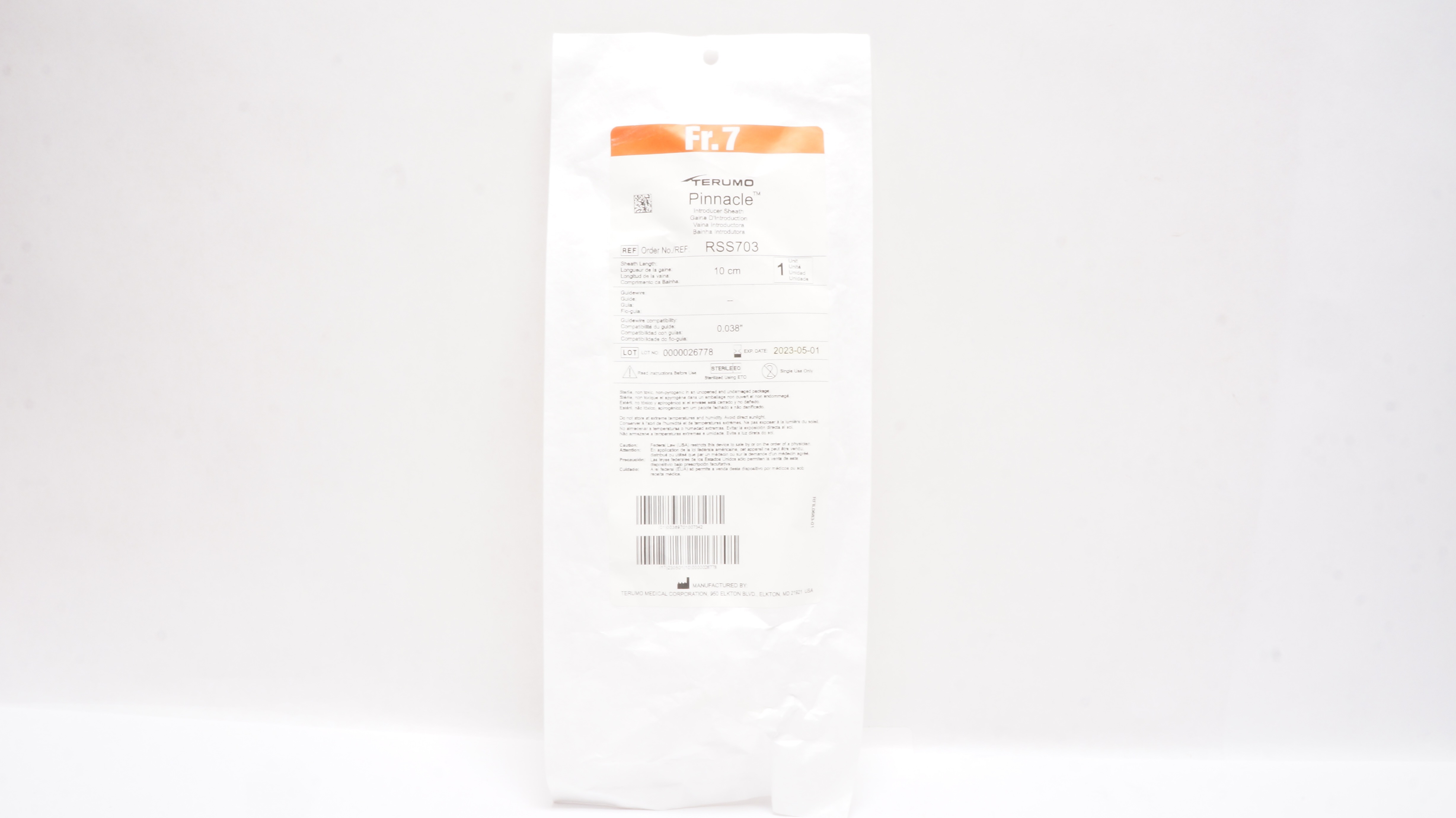 Terumo RSS703 Pinnacle Introducer Sheath 7Fr. x 10cm x 0.038inch (x)