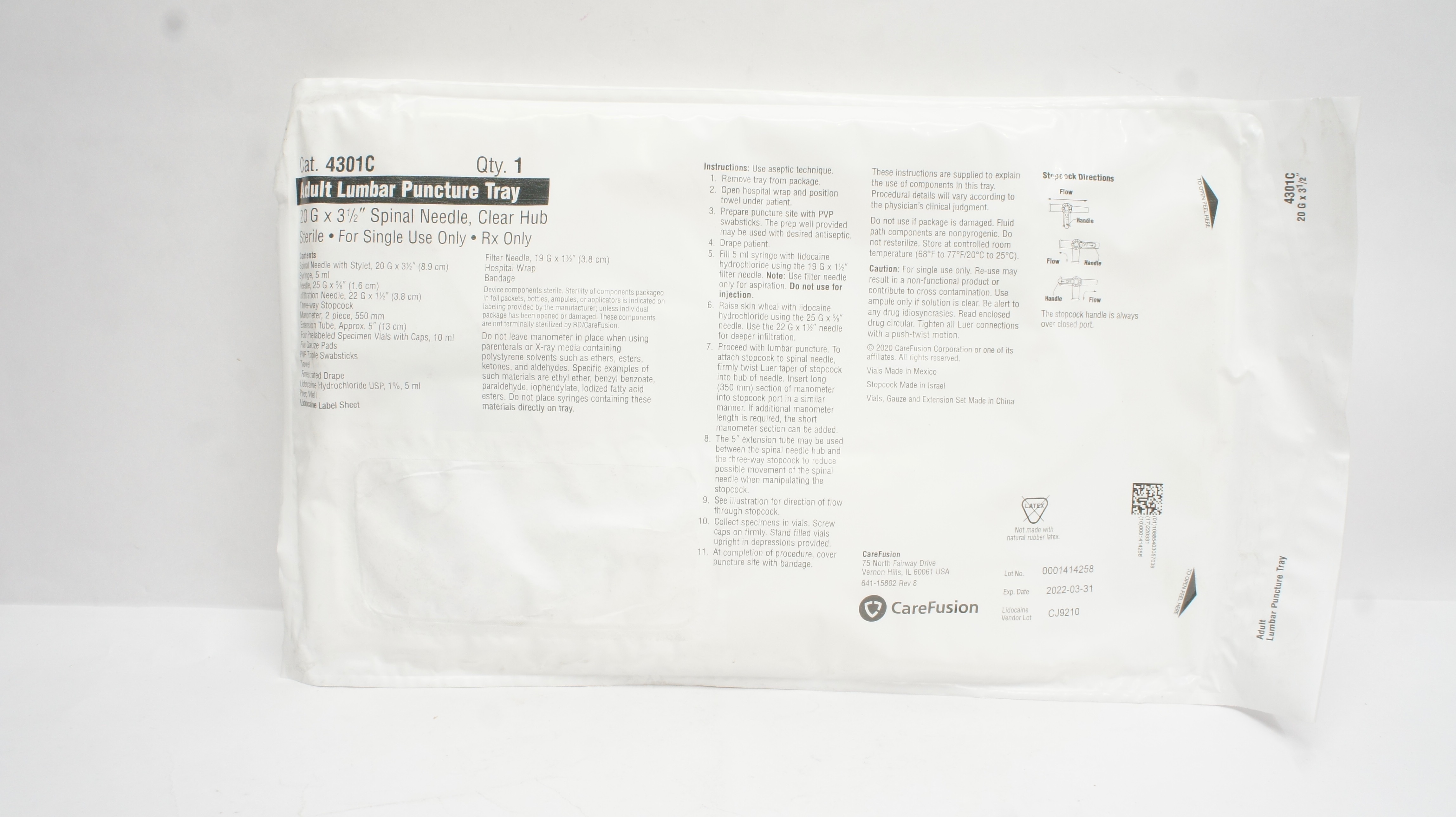 CareFusion 4301C Adult Lumbar Puncture Tray, 20 G x 3-1/2 Spinal Ndle (x)