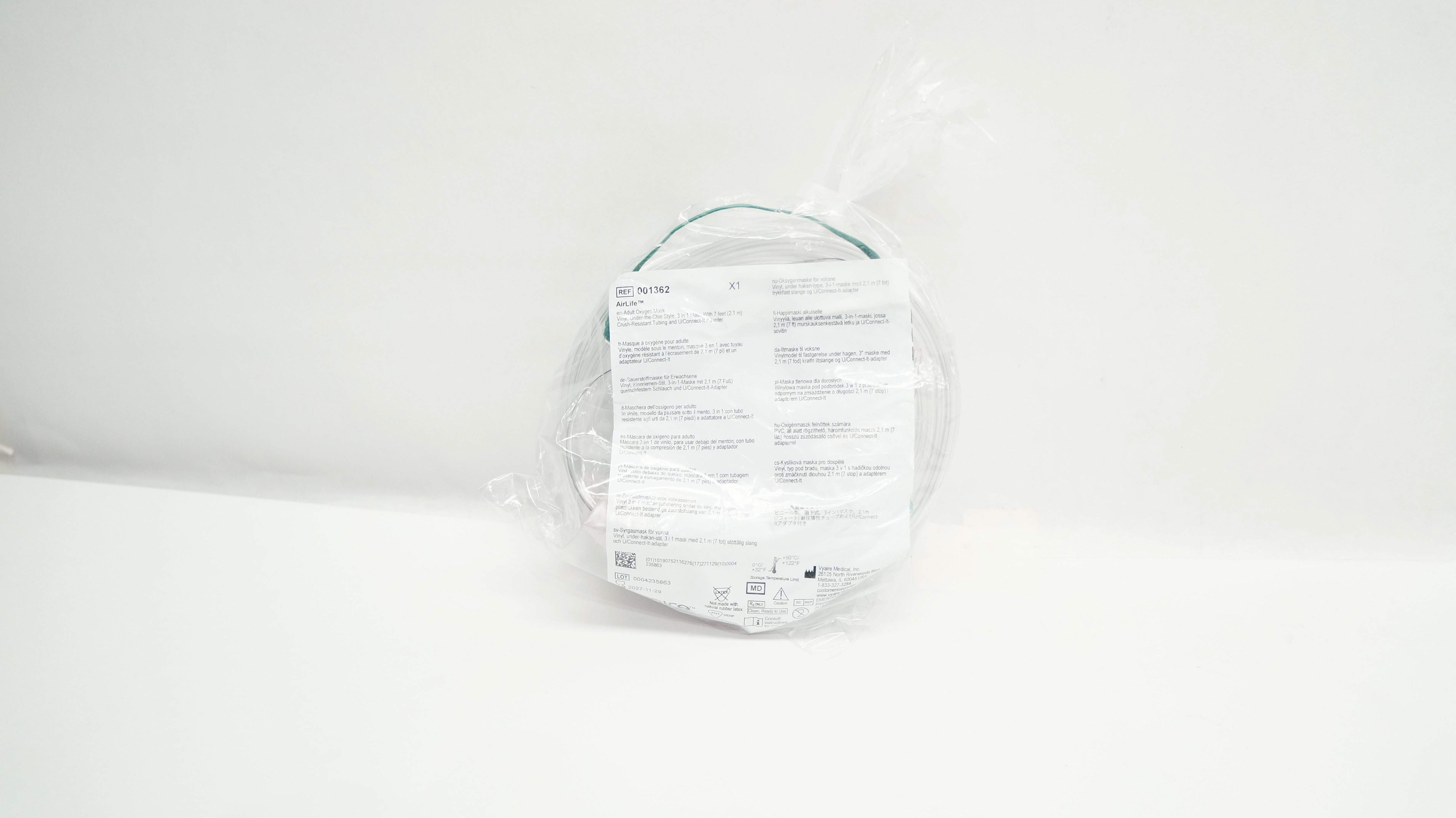 Vyaire 001362 AirLife Adult Oxygen Mask Vinyl w/7ft. Tubing & U/Connect Adapter