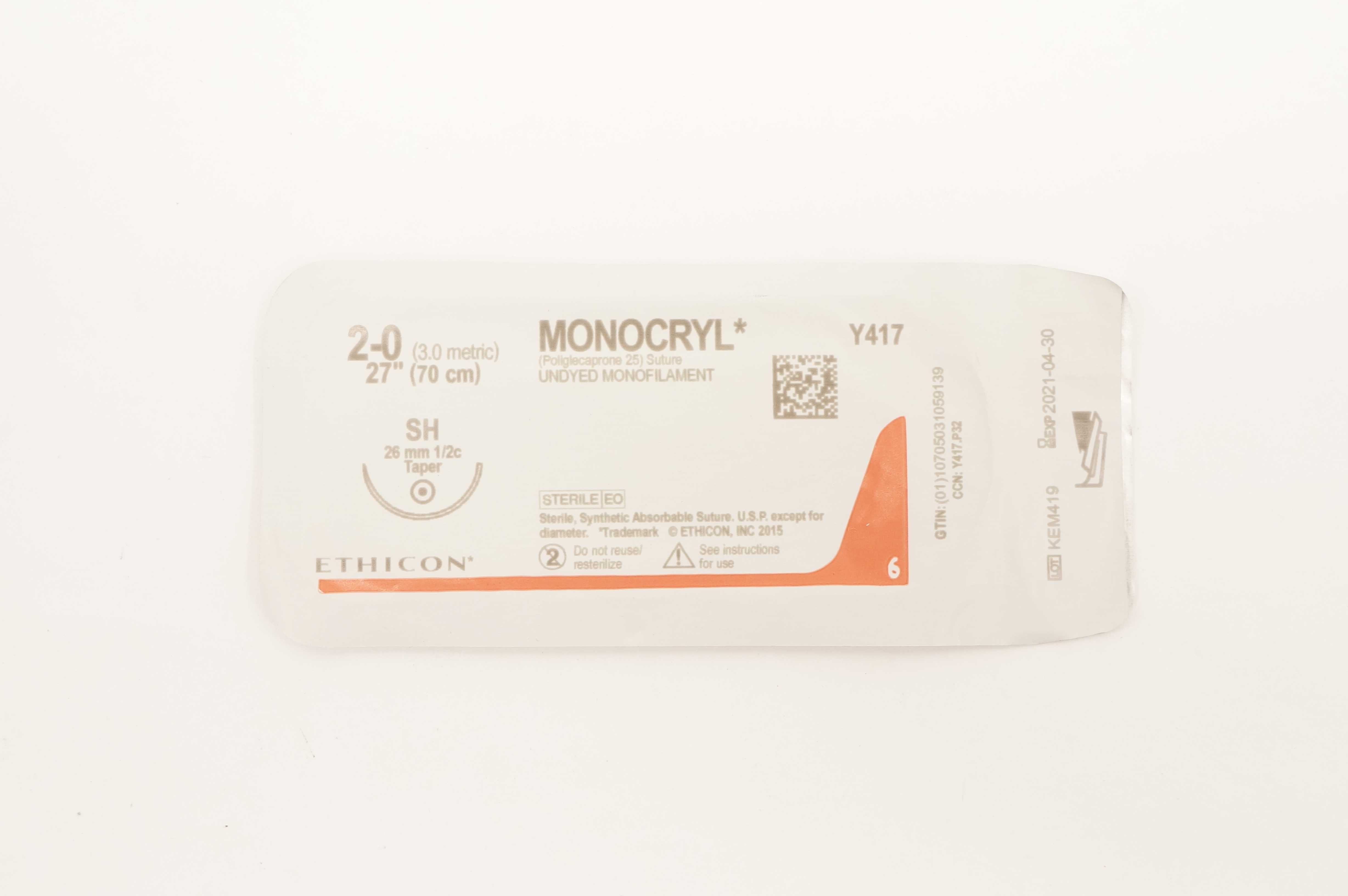 Ethicon Y417 2-0 MONOCRYL SH 26mm 1/2c Taper 27inch (x)