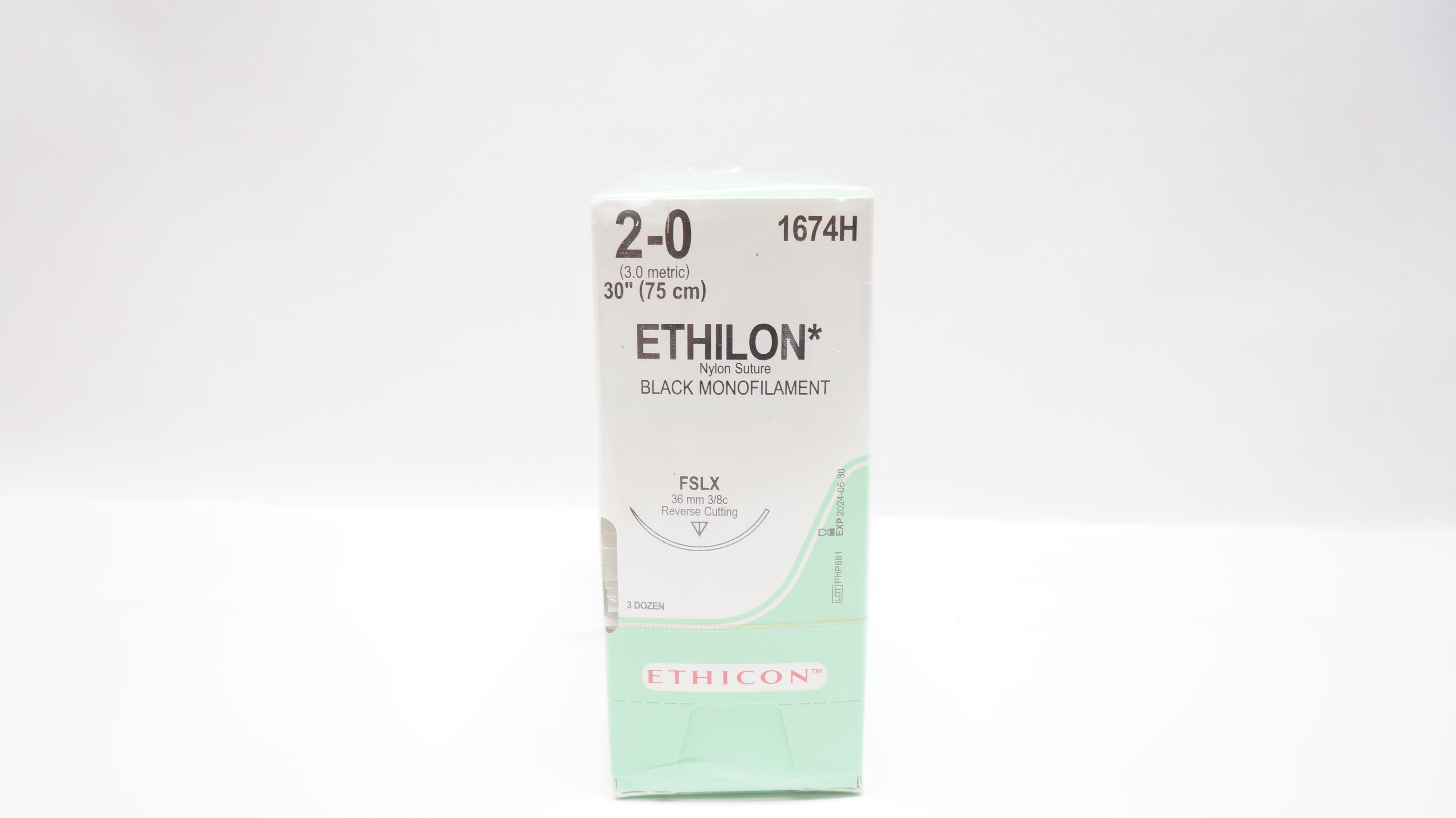Ethicon 1674H 2-0 ETHILON Stre FSLX 36mm 3/8c Reverse Cutting 30inch - Box of 36
