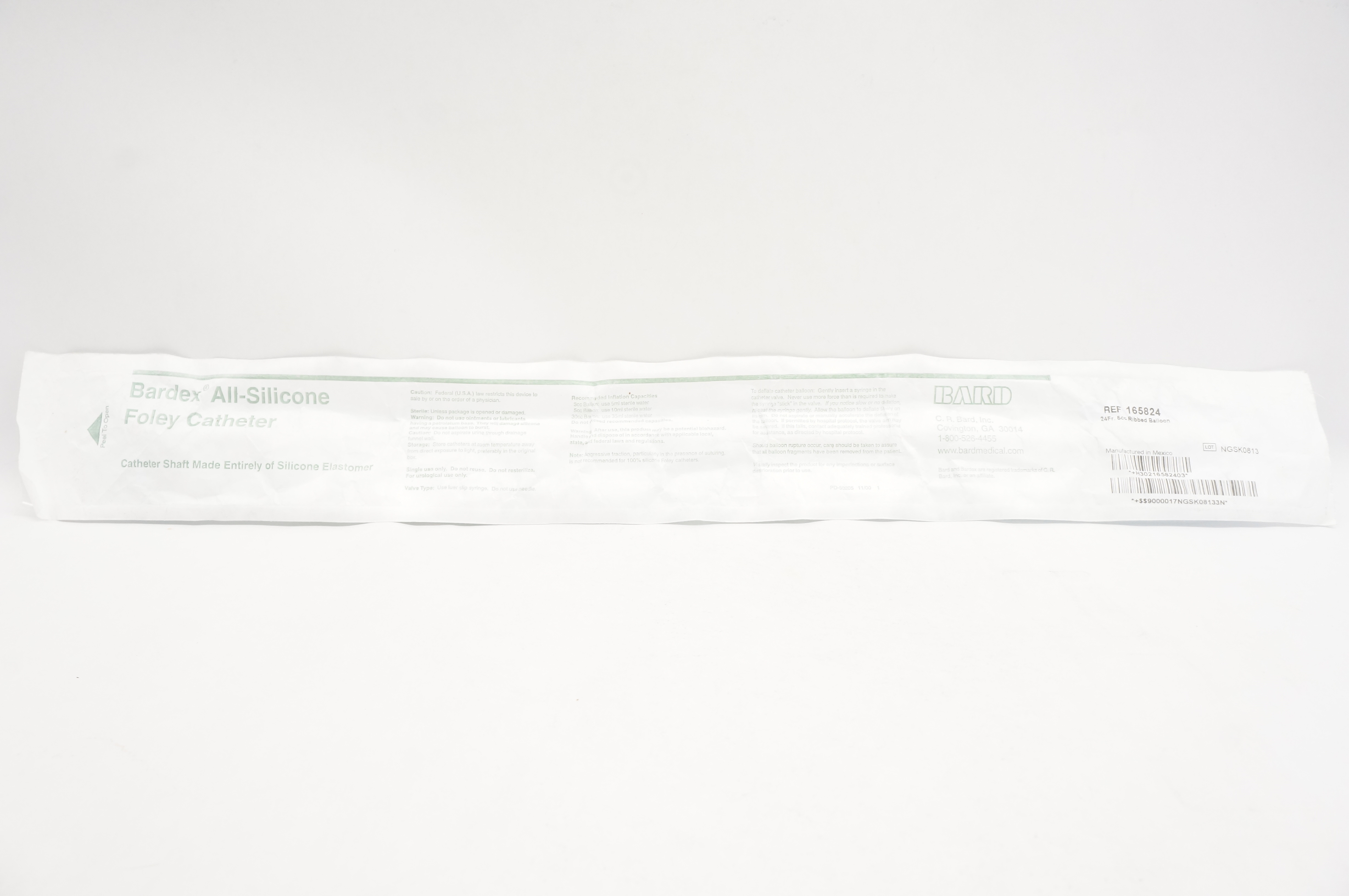 Bard 165824 Bardex All-Silicone Foley Cath. 24 Fr. 5cc Ribbed Balloon