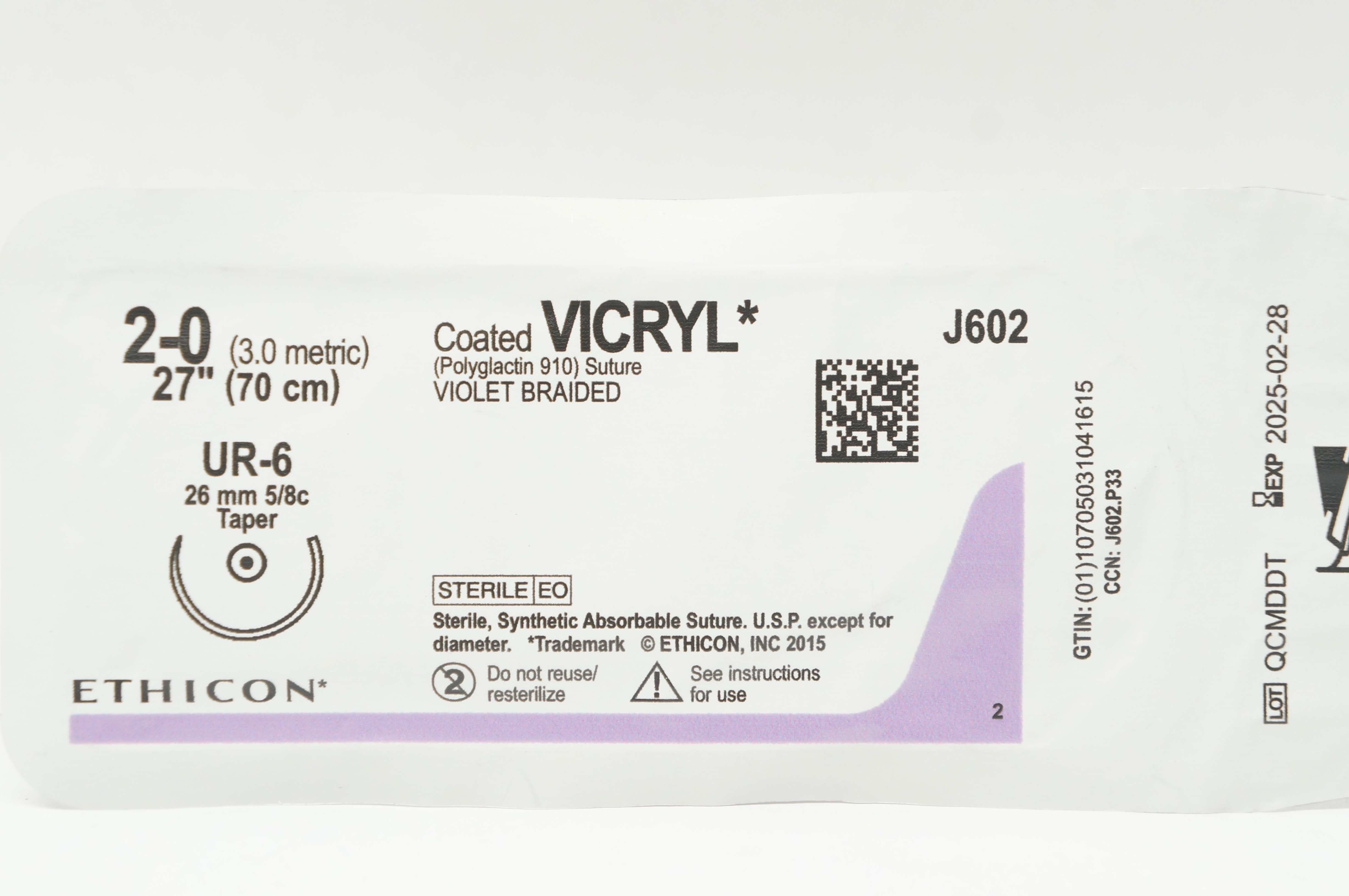 Ethicon J602 2-0 Coated VICRYL UR-6 26mm 5/8c Taper 27inch