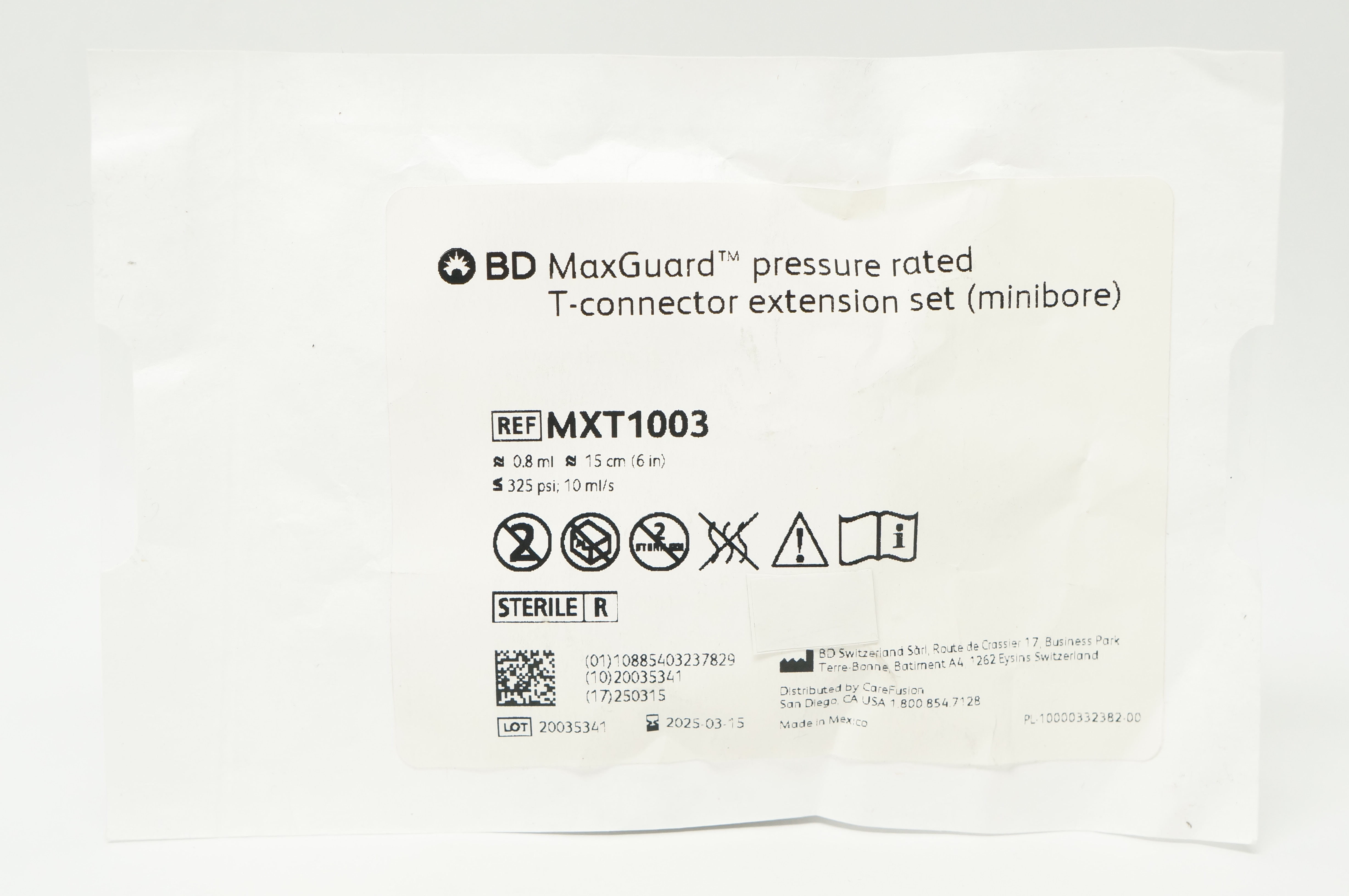 BD MXT1003 MaxGuard Pressure Rated T-Connector Extension Set ≈0.8ml ≈6 inch