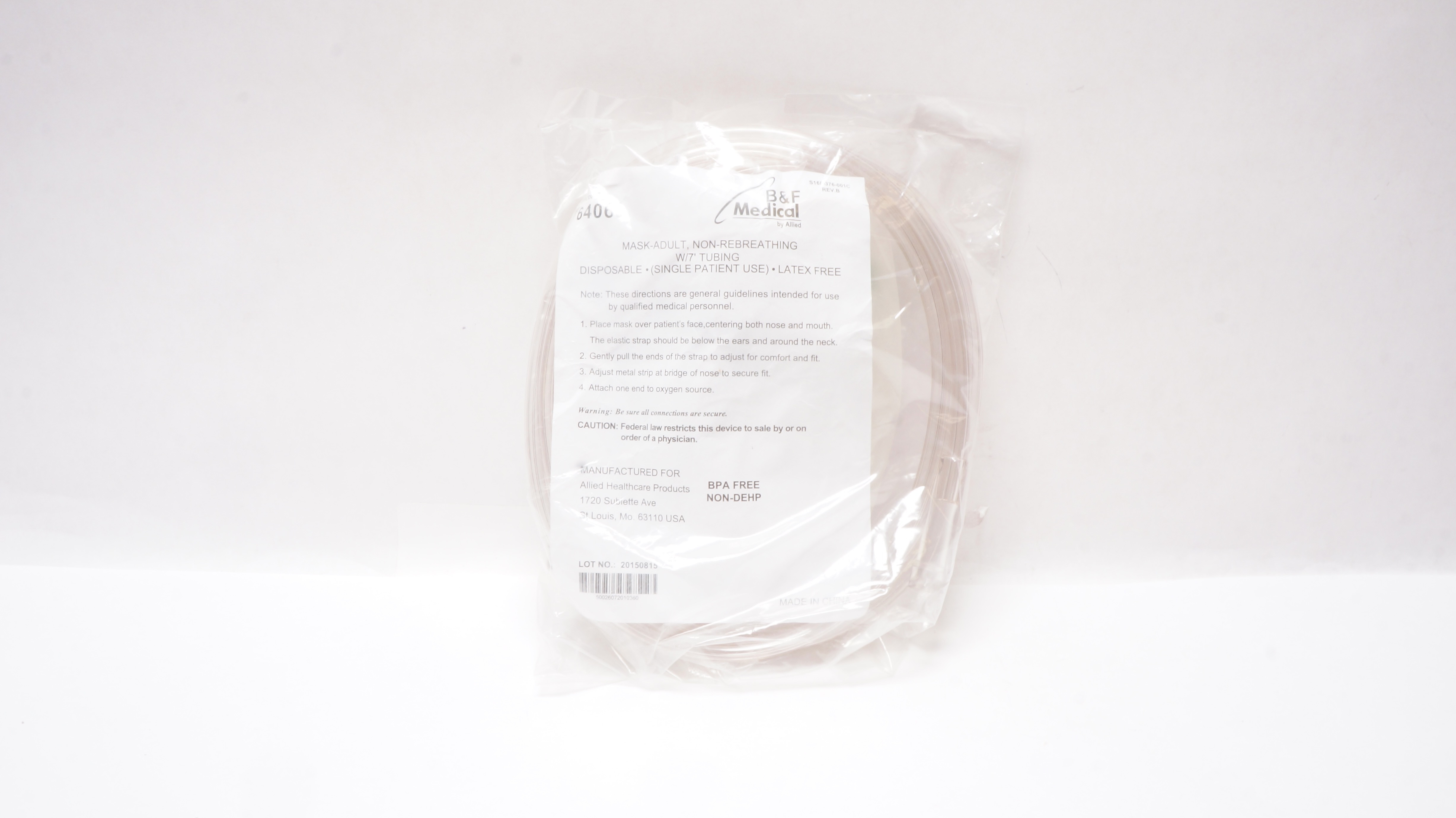 Allied Healthcare B&F Medical Mask-Adult Non-Rebreathing w/7' Tubing