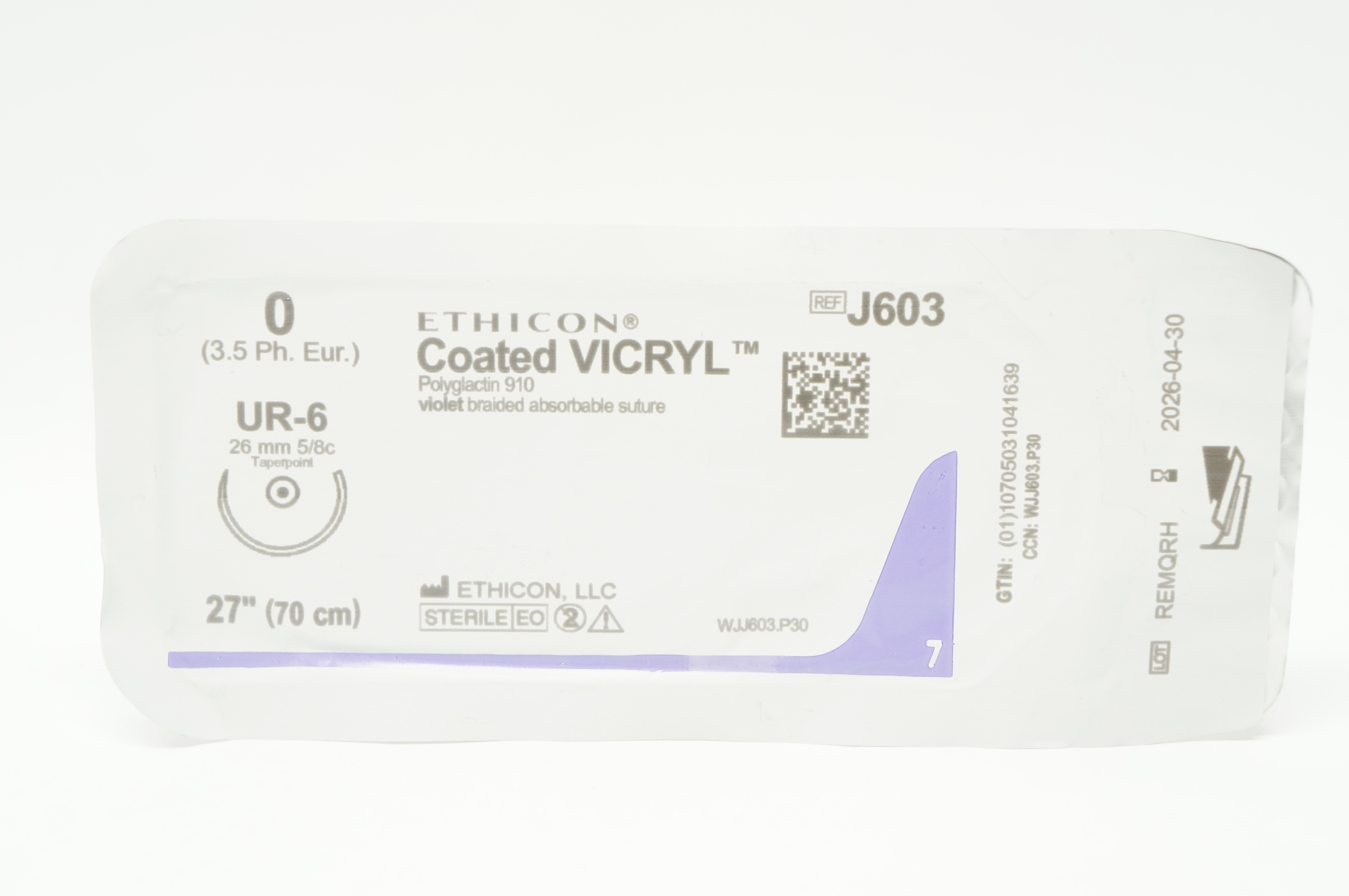 Ethicon J603 0 Coated VICRYL Polyglactin Stre, UR-6 26mm 5/8c Taperpoint, 27inch