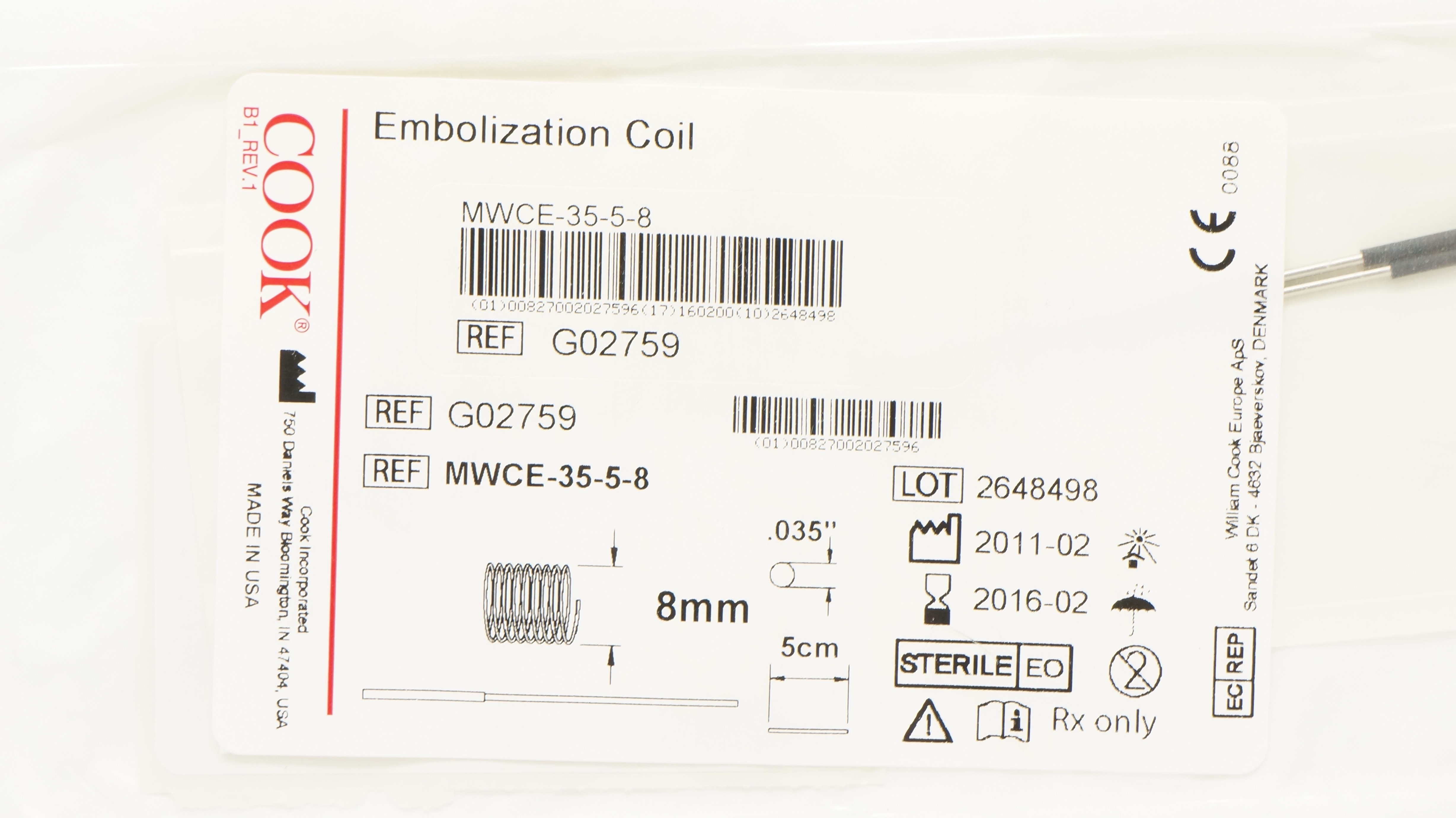 Cook Medical G02759 Embolization Coil 8mm x 5cm x .035inch (x)