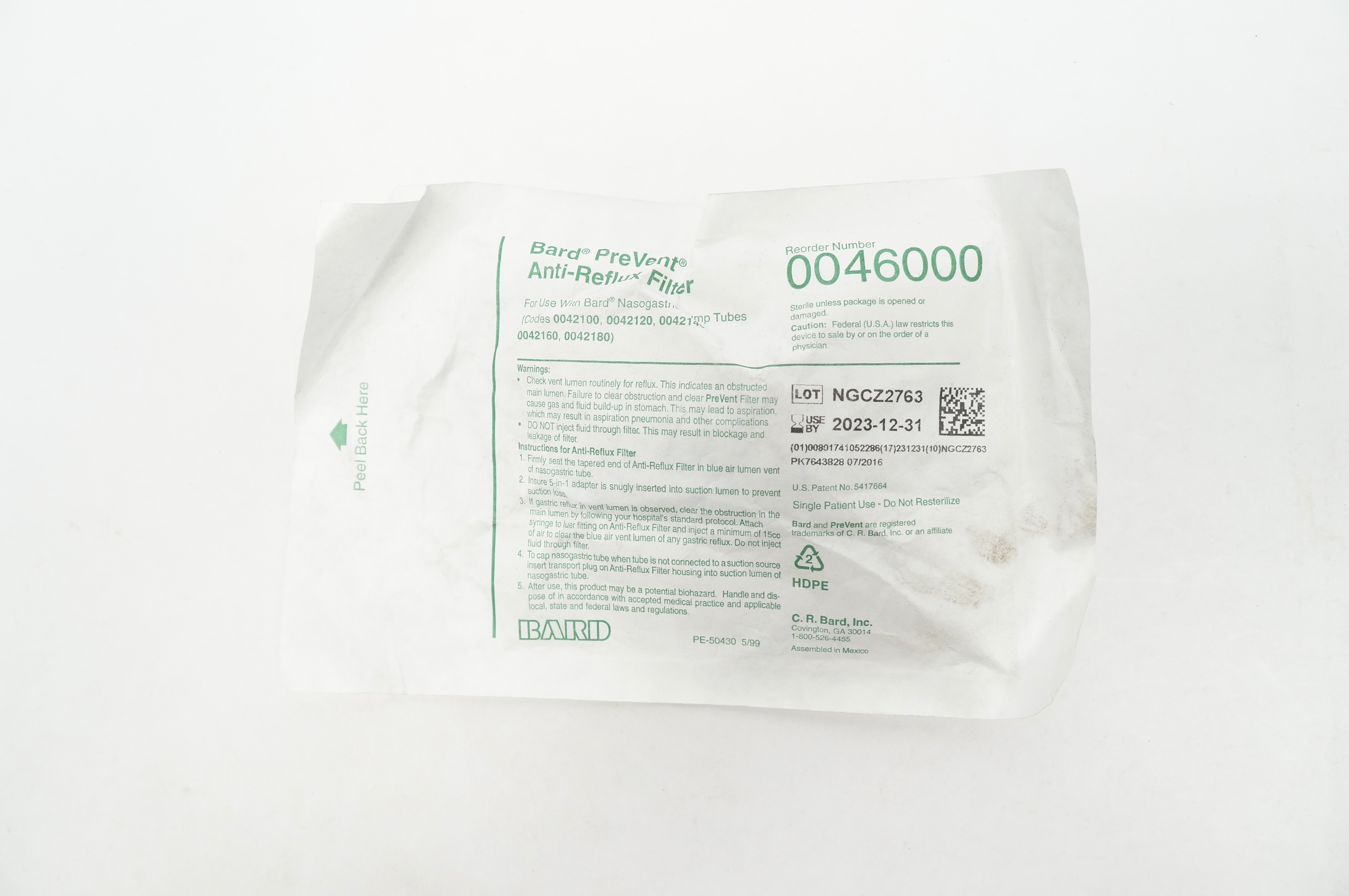 Bard 0046000 PreVent AntiReflux Filter