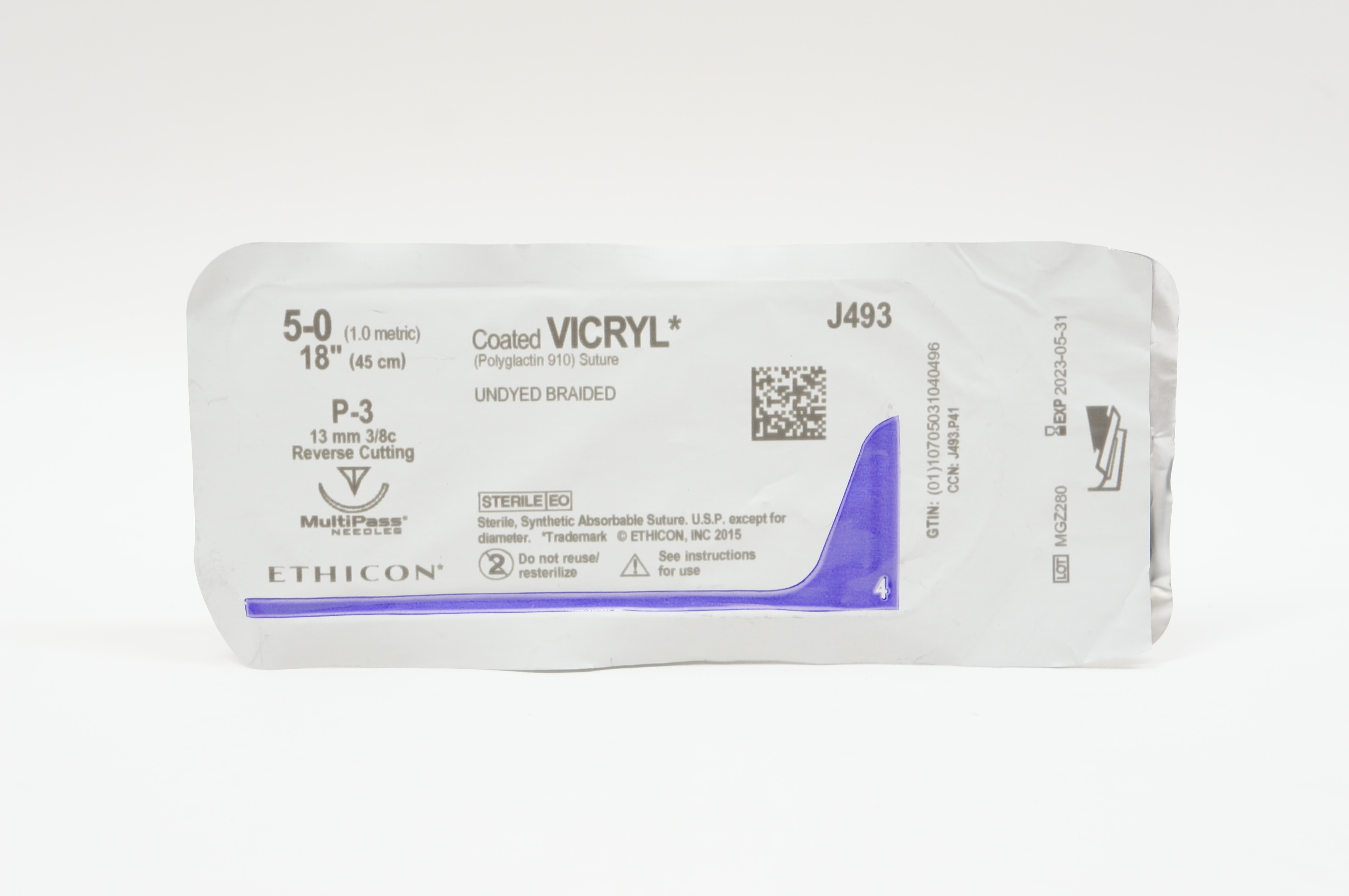 Ethicon J493 5-0 VICRYL, P-3, 13mm 3/8c Reverse Cutting, 18inch