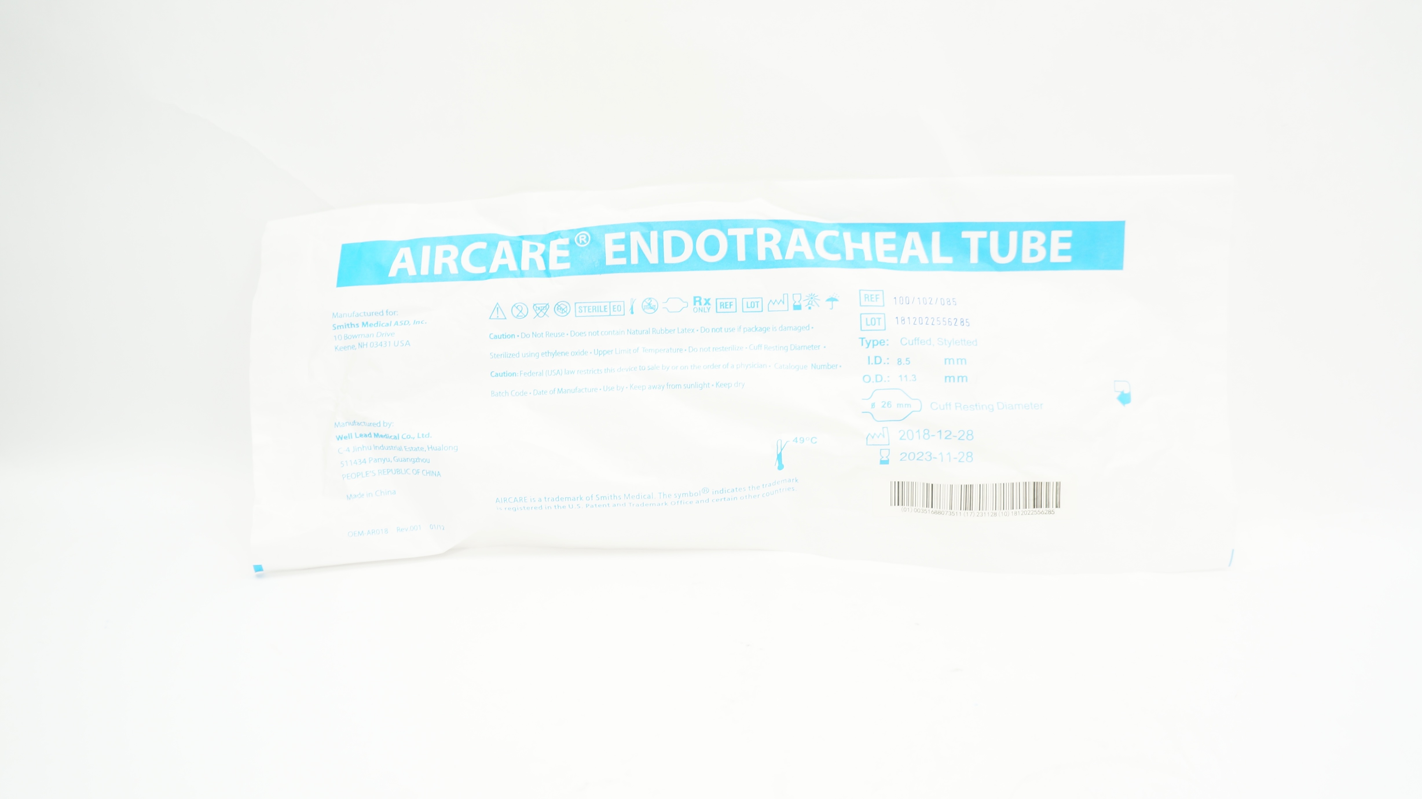 Smiths Medical 100/102/085 Aircare Endotracheal Tube 8.5mm x 11.3mm x 26mm