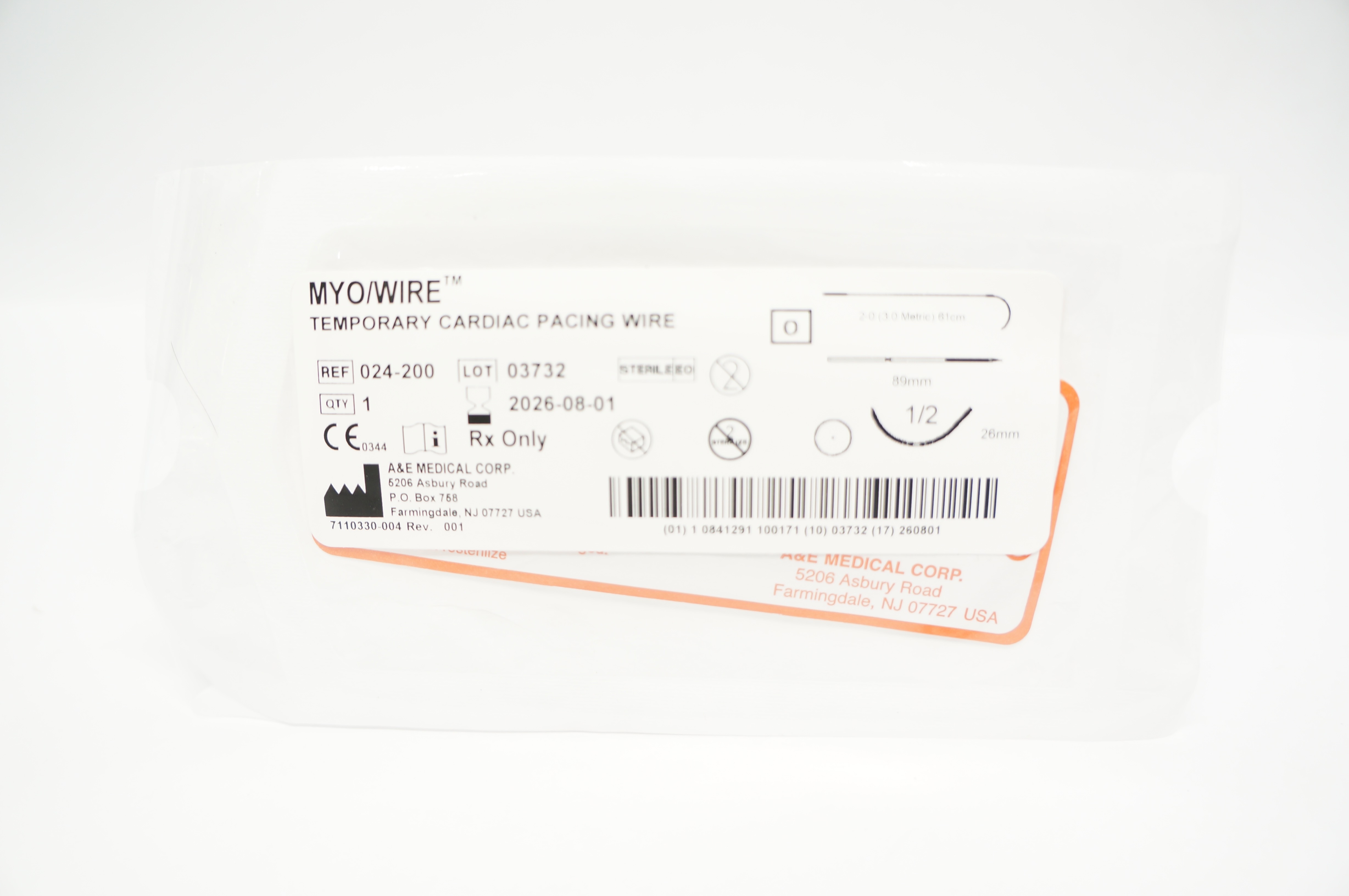 A&E Medical 024-200 2.0 Myo/Wire Temporary Cardiac Pacing Wire 1/2 26 ...