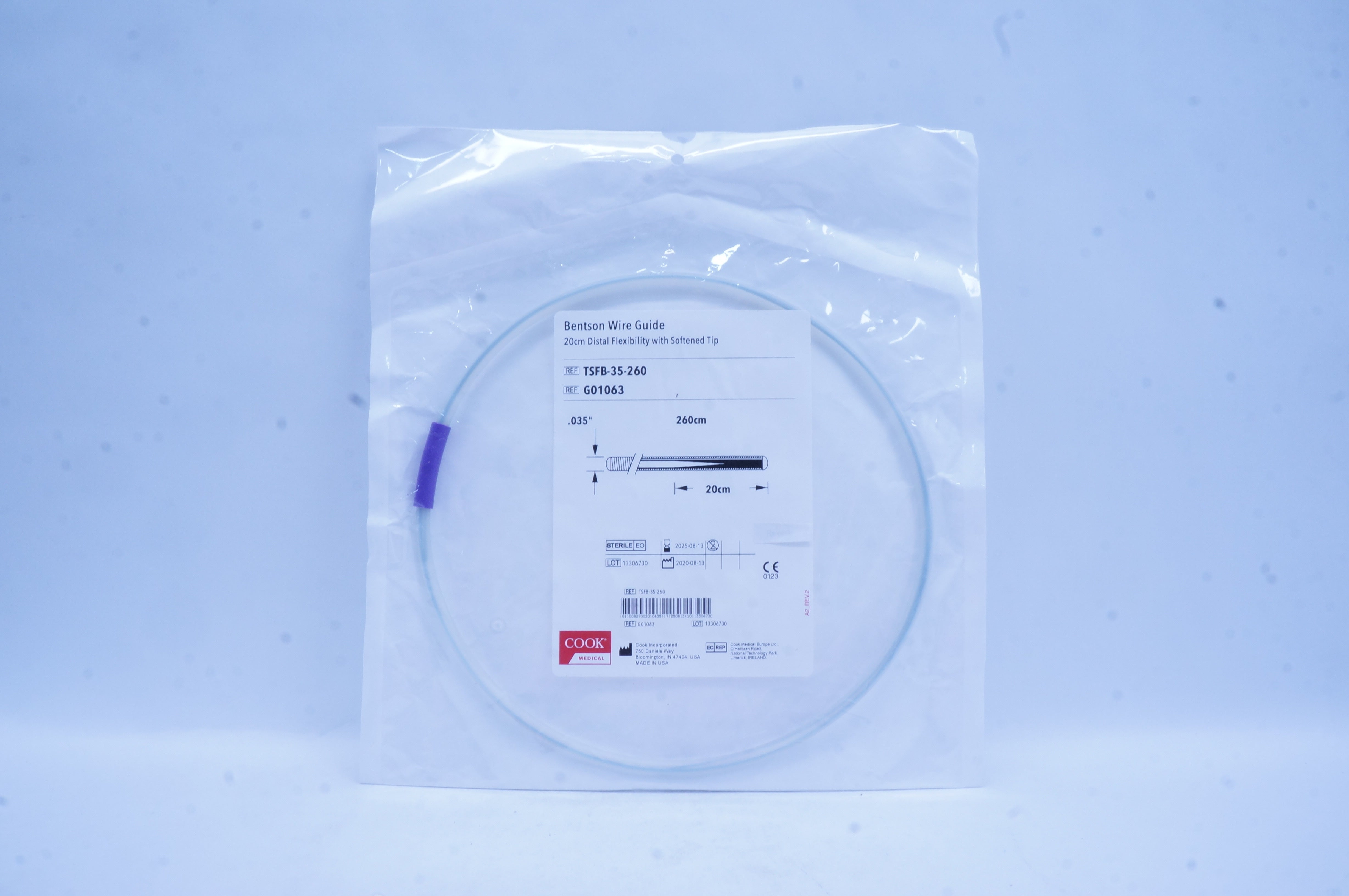 Cook Medical G01063 Bentson Wire Guide 20cm Distal Flexibility 0.035in x 260cm