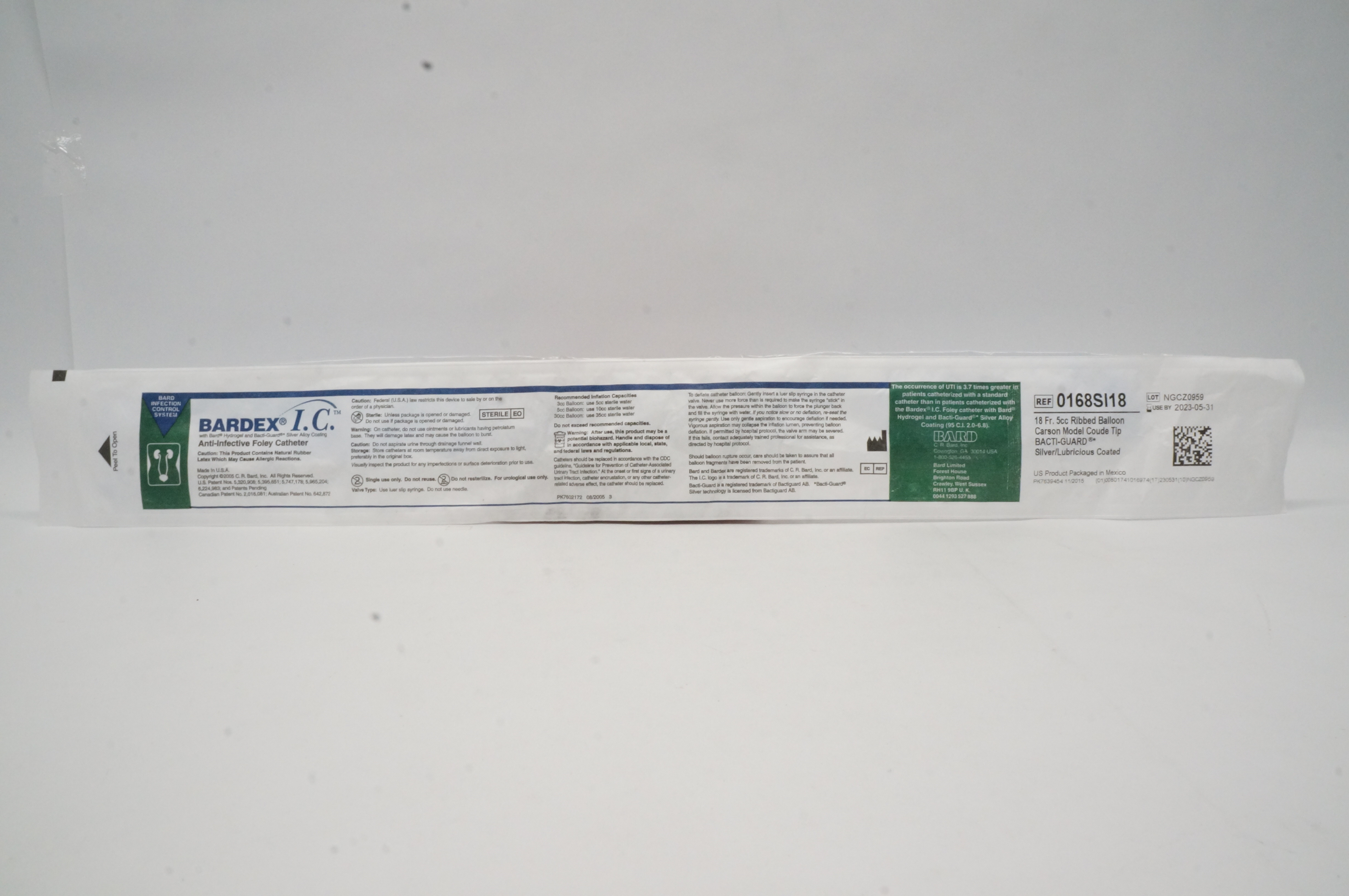 Bard 0168SI18 Bardex I.C. Anti-Infective Foley Cath. 18Fr, 5cc Ribbed Balloon