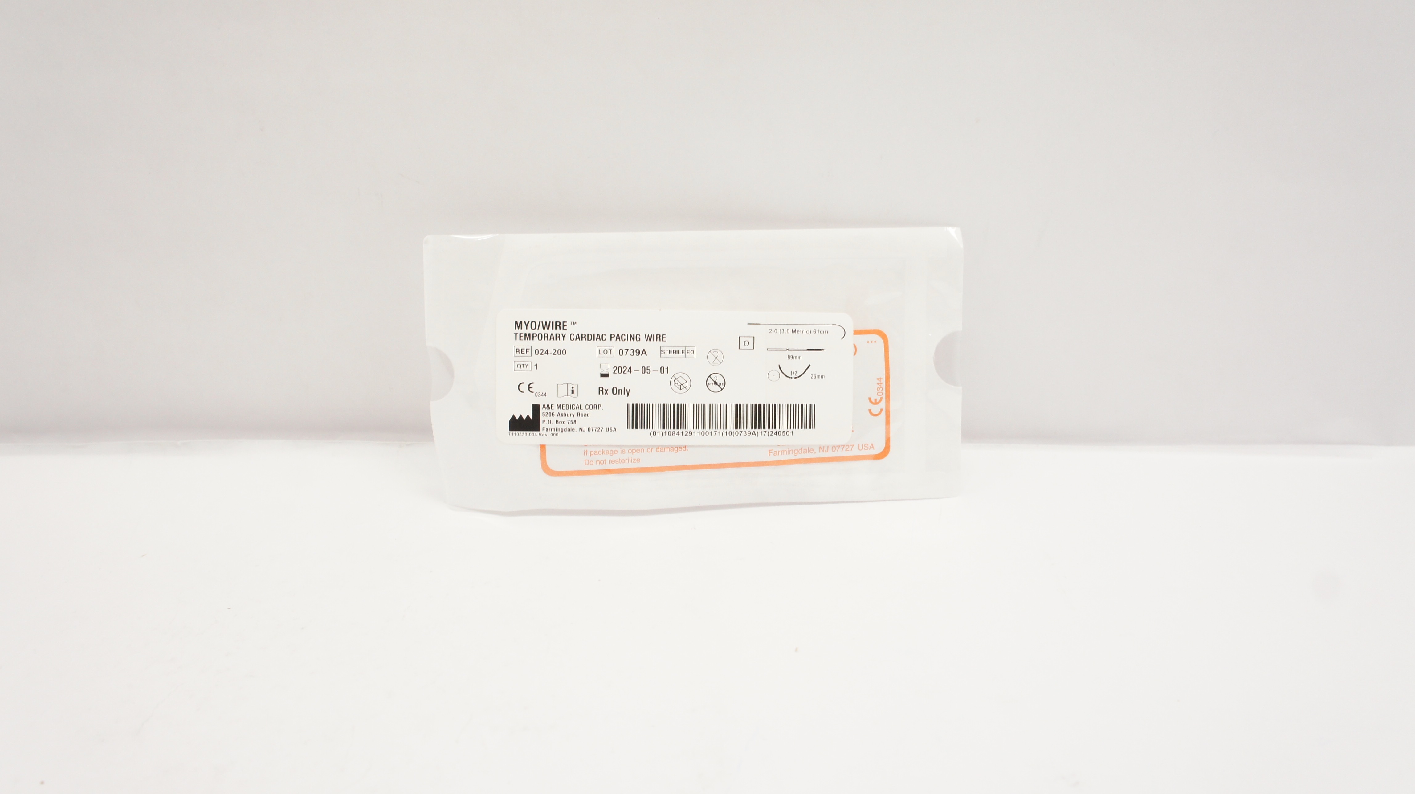 A&E Medical 024-200 2.0 Myo/Wire Temporary Cardiac Pacing Wire 1/2 26 x89mmx61cm