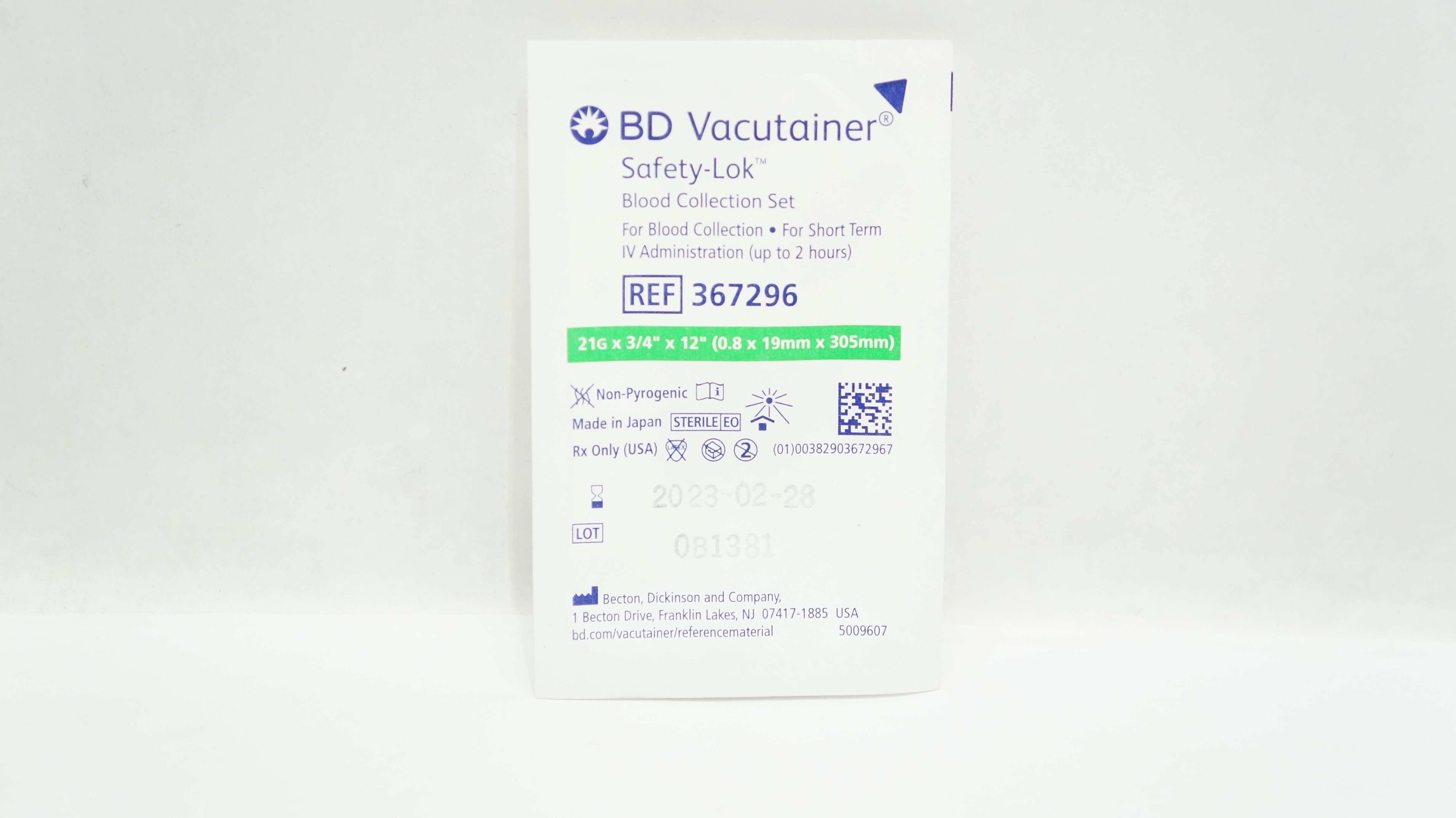 BD 367296 Vacutainer Safety-Lok Blood Collection Set 21G x 3/4inch x 12inch (x)