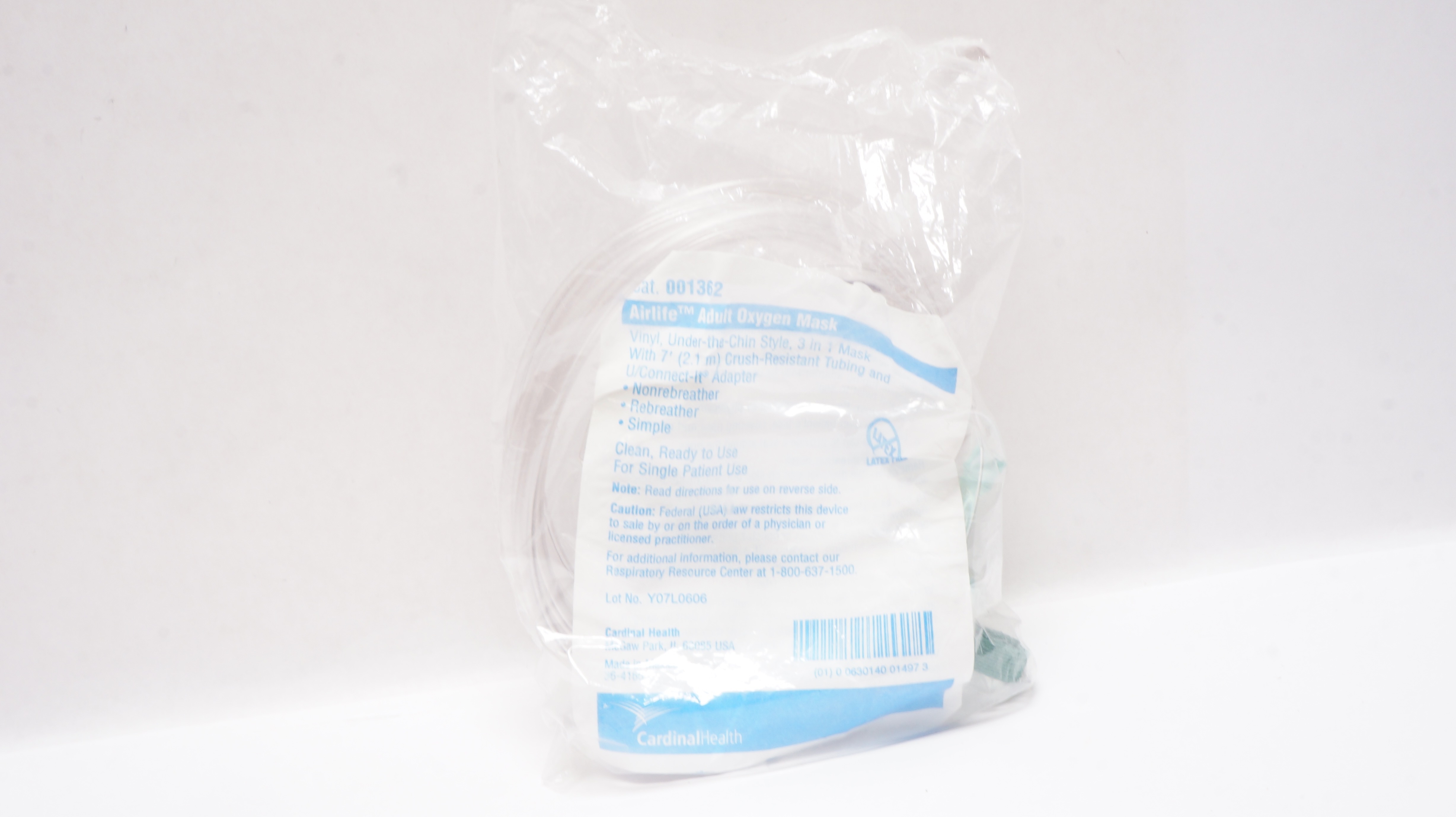 Cardinal Health 001362 AirLife Adult Oxygen Mask Vinyl w/7ft. Tubing