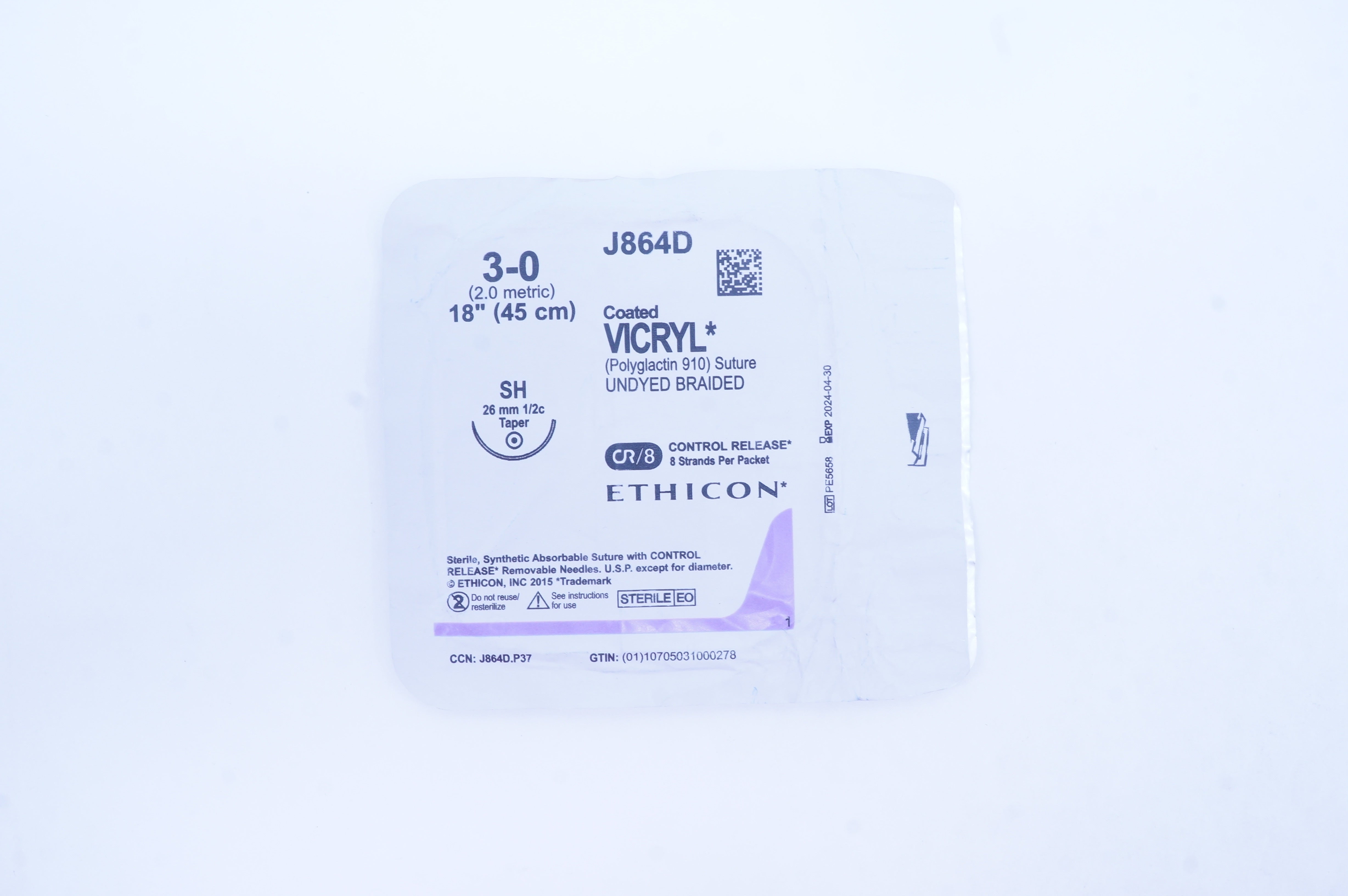 Ethicon J864D 3-0 Coated VICRYL SH 26mm 1/2c Taper, 18inch (x)