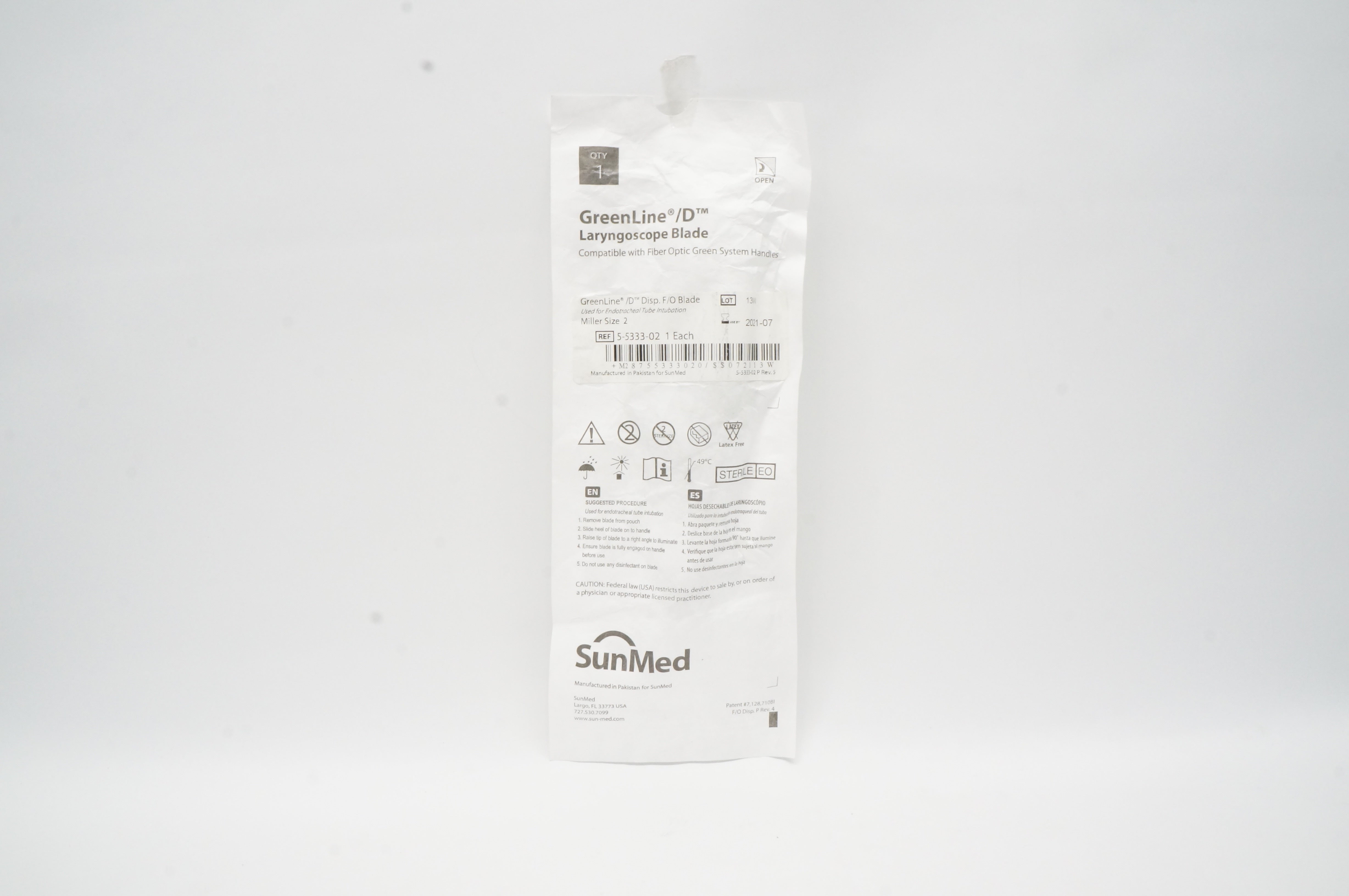 SunMed 5533302 SunOne GreenLine/D Laryngoscope Blade, Size 2