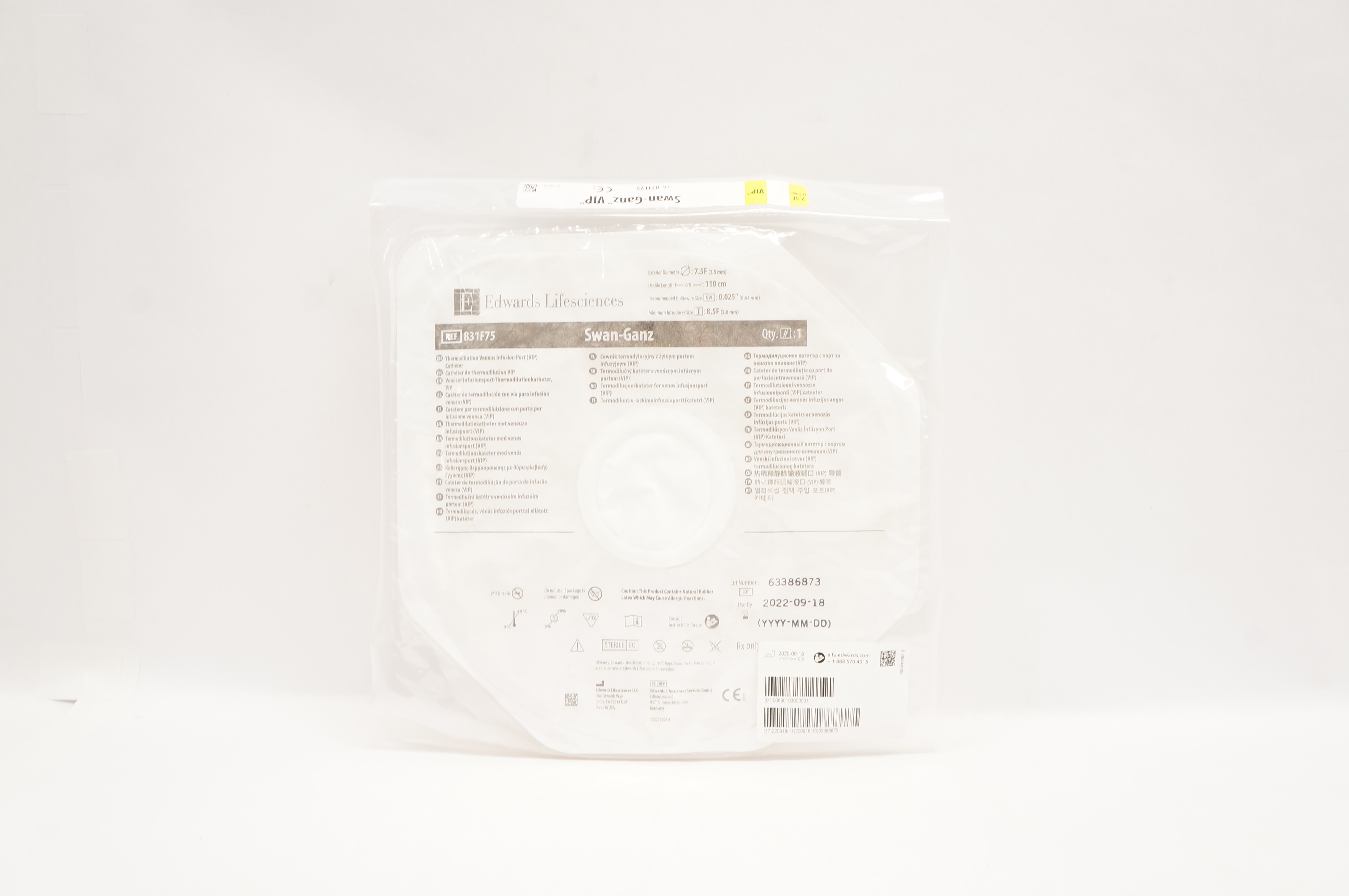 Edwards Lifesciences 831F75 Swan-Ganz Thermodilution VIP Cath. 7.5F x 110cm