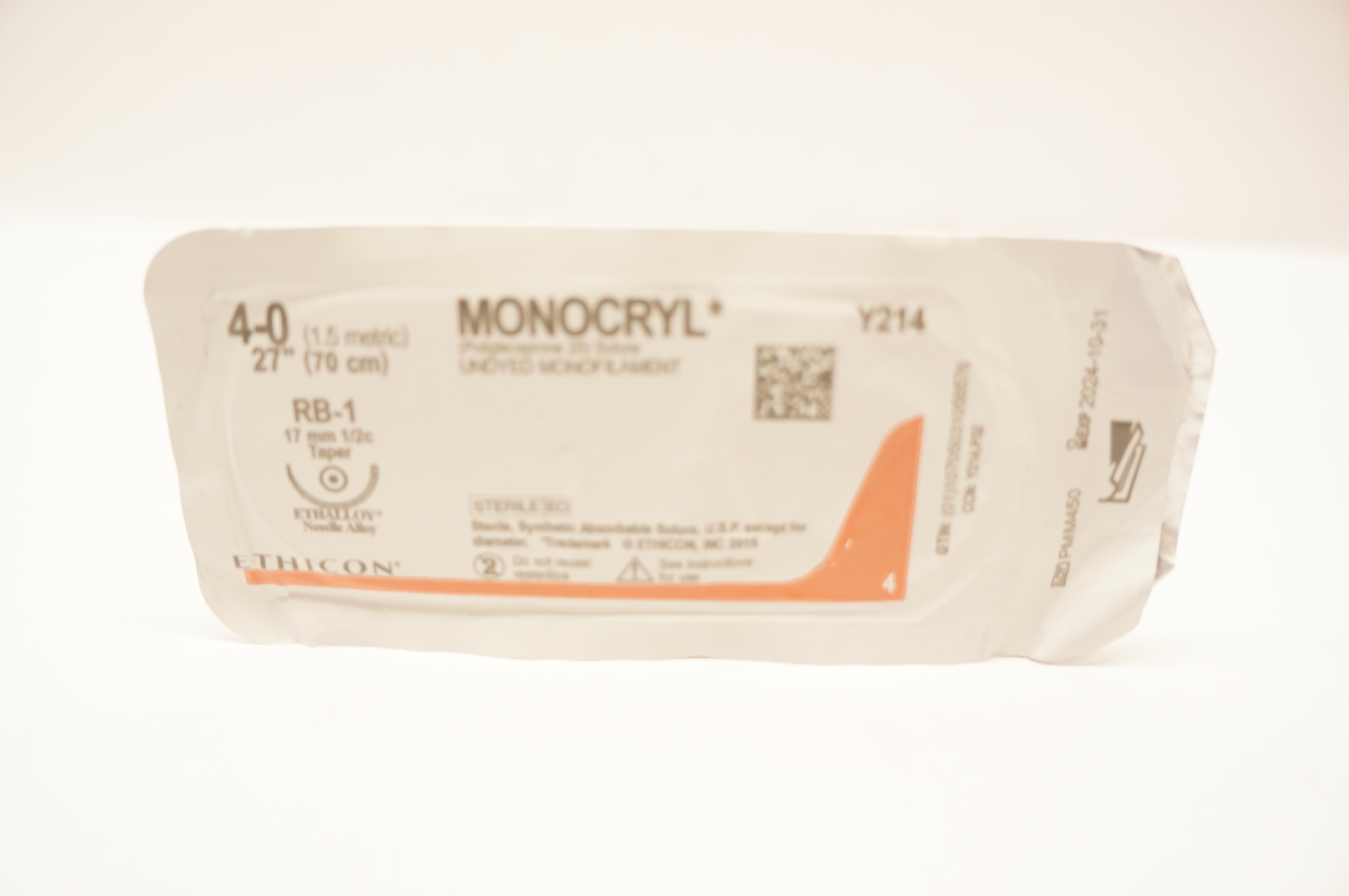 Ethicon Y214 4-0 MONOCRYL Undyed Monofilament RB-1 17mm 1/2c Taper 27inch