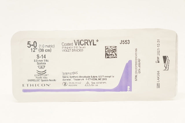 Ethicon J553 5-0 VICRYL, S-24 8mm 1/4c Spatula, Violet Braided, 12 (x)