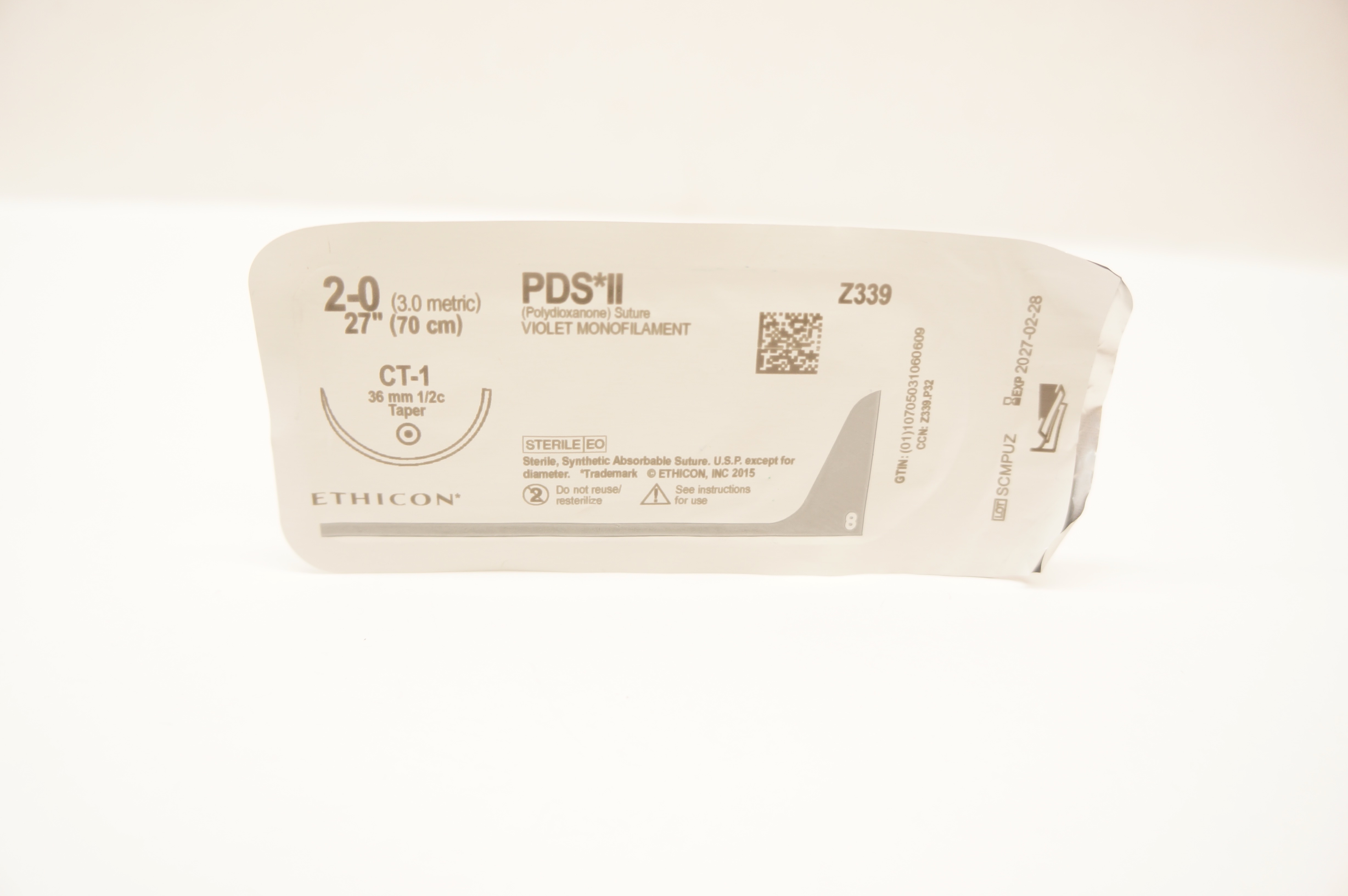 Ethicon Z339 2-0 PDS II Polydioxanone Stre CT-1 36mm 1/2c Taper, 27inch