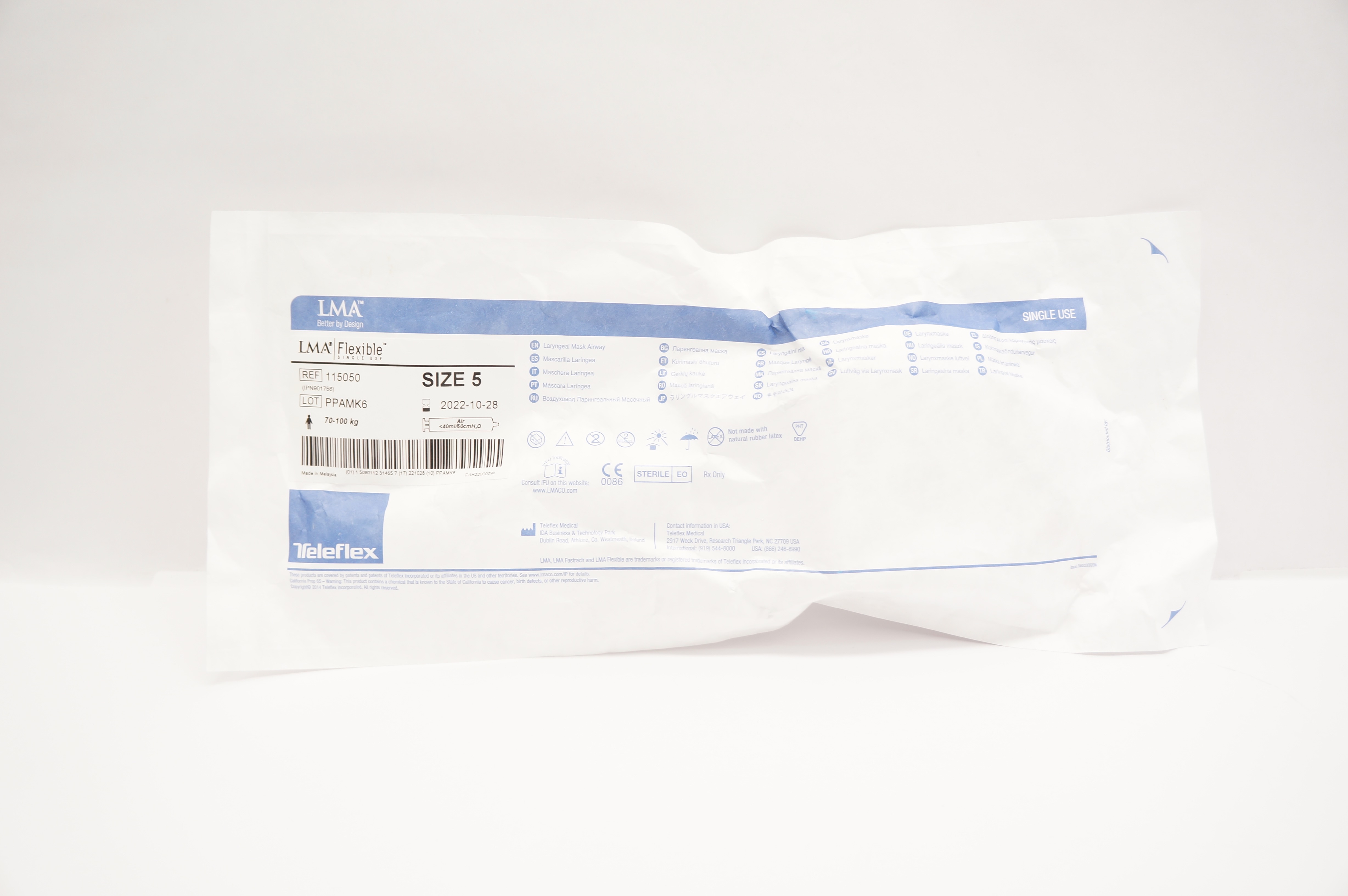 Teleflex 115050 LMA Flexible Laryngeal Mask Airway Size 5 70-100kg <40ml/60cm(x)