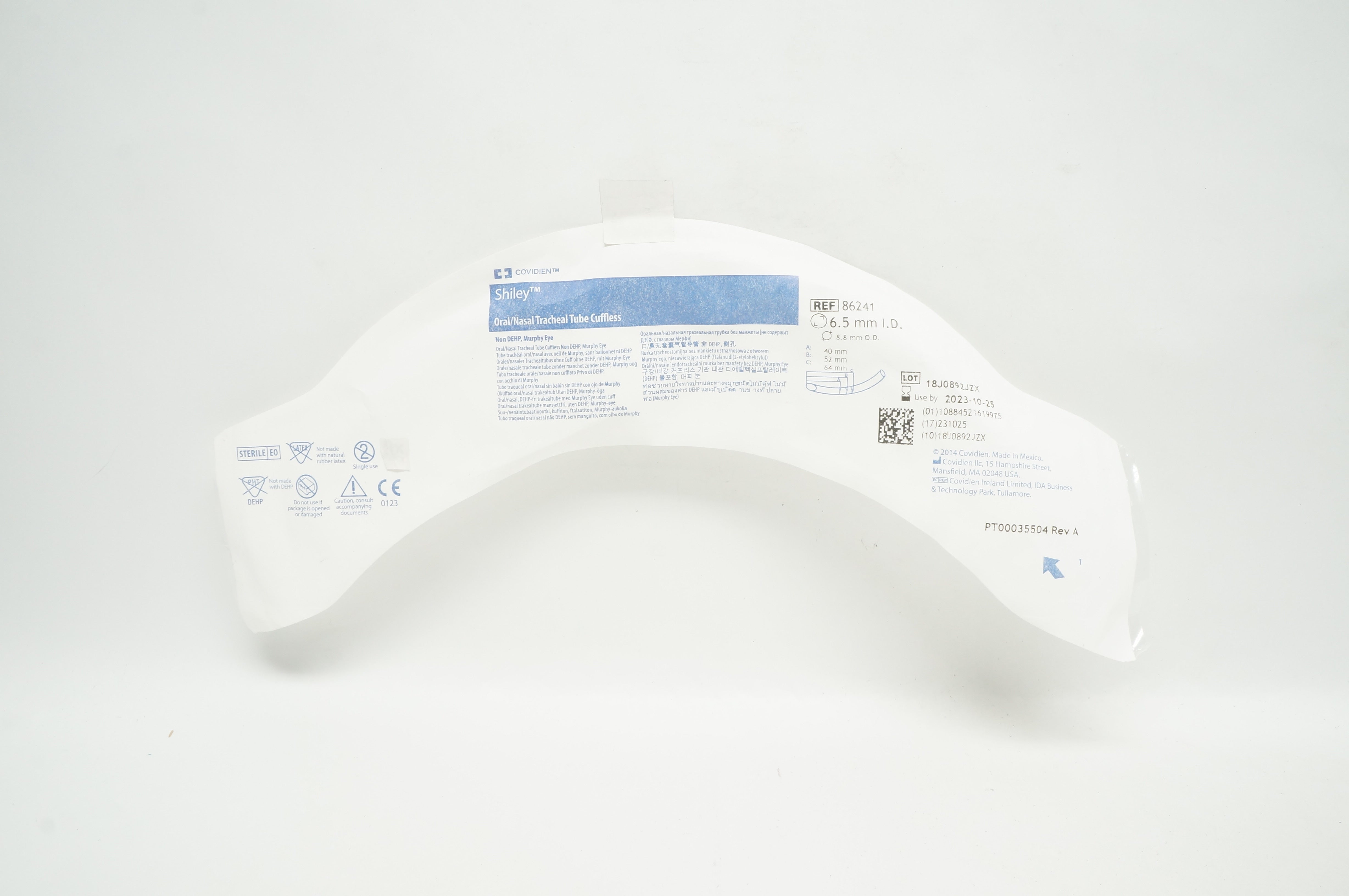 Covidien 86241 Shiley Oral/Nasal Tracheal Tube Cuffless 6.5mm ID x 8.8mm OD